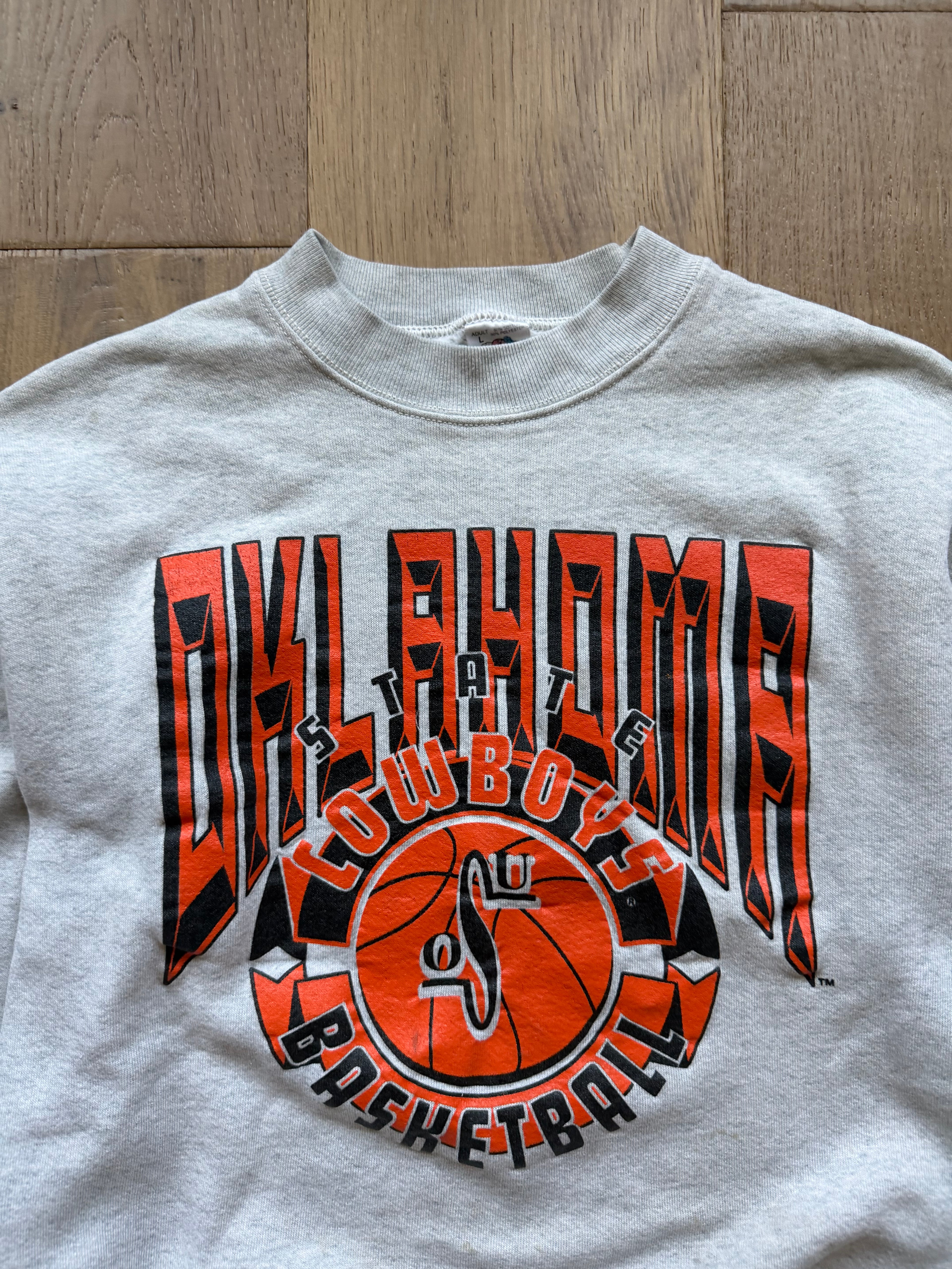 Grey 90s Oklahoma State Basketball 3D Text Ball Crewneck Sweatshirt Medium