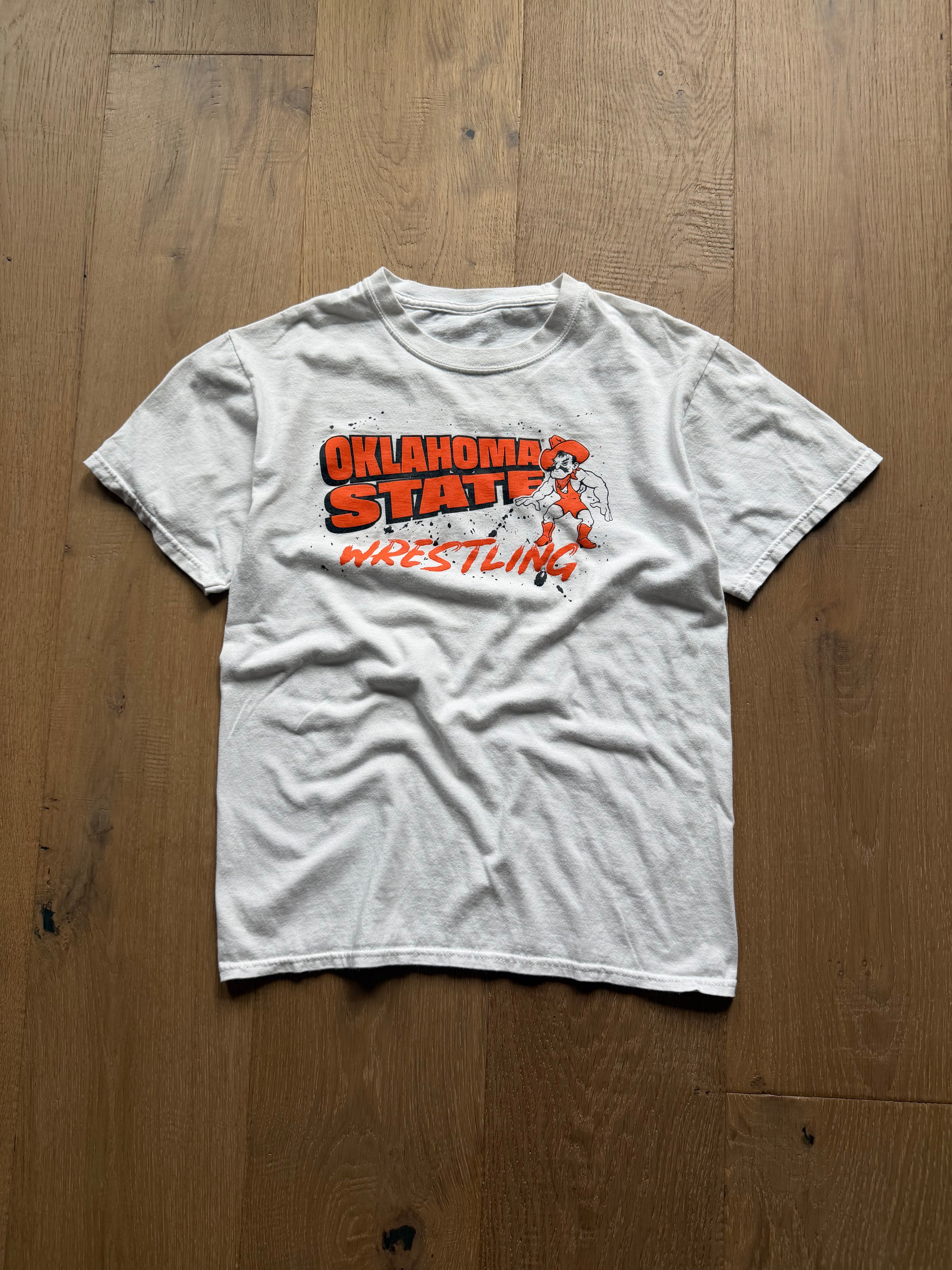 White 00s Oklahoma State Wrestling Splatter T-Shirt Small