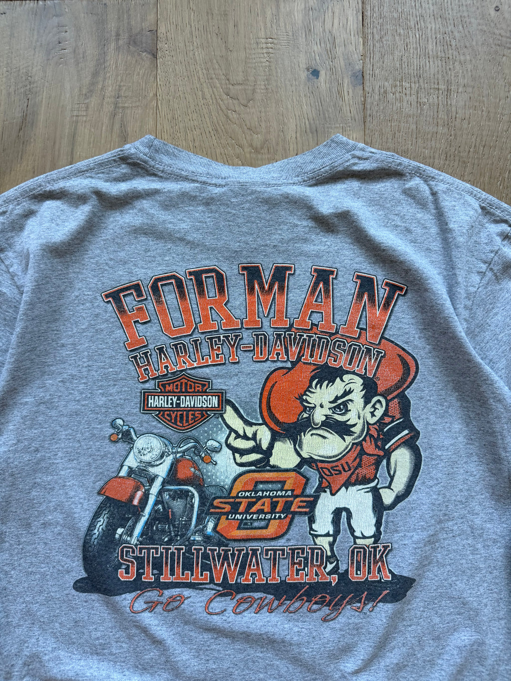Grey 00s OSU x Harley Davidson Pistol Pete Biker T-Shirt Large