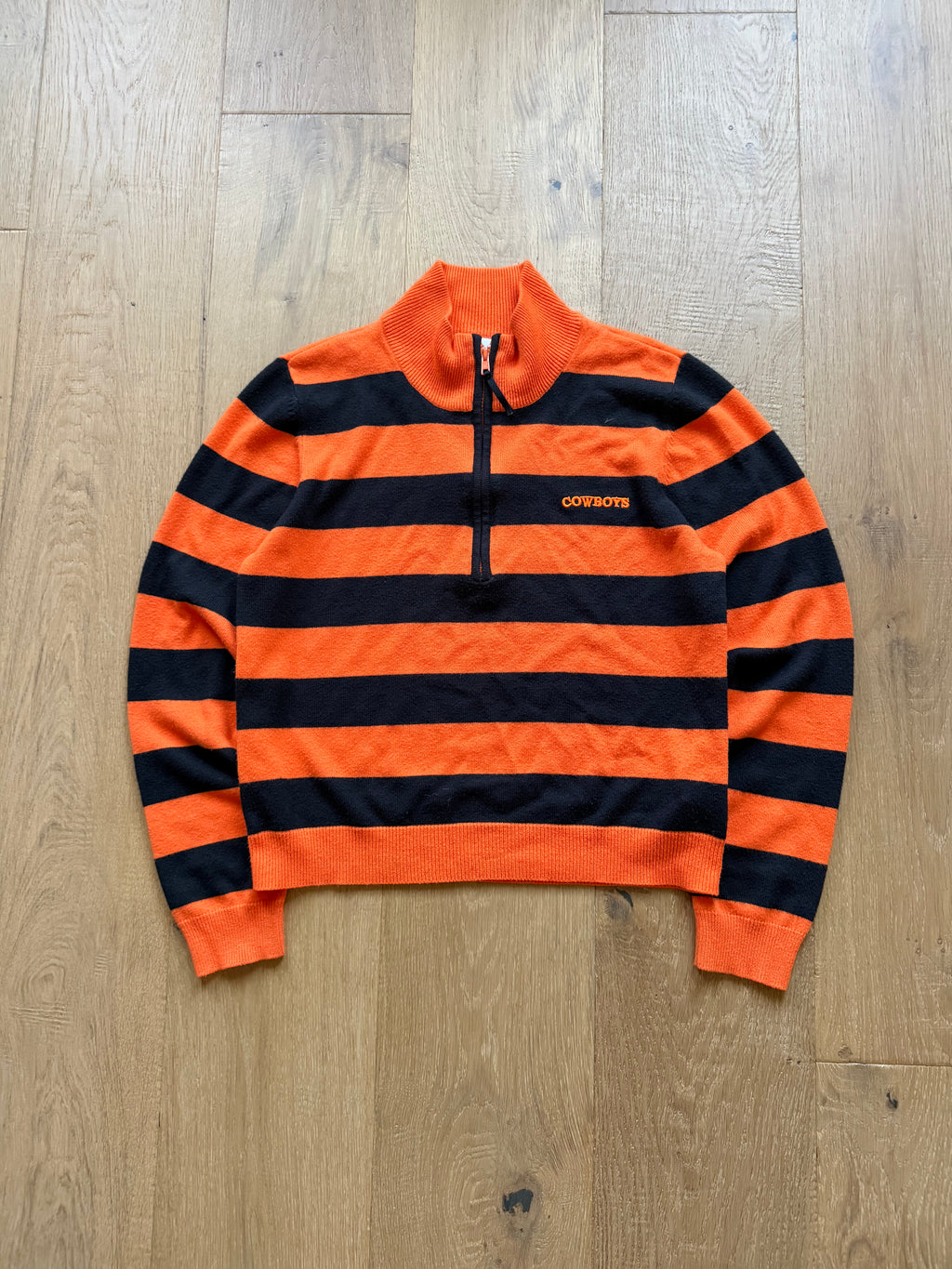 Black + Orange Striped Castles Sport “Cowboys” Embroidered Quarter Zip Sweater XL