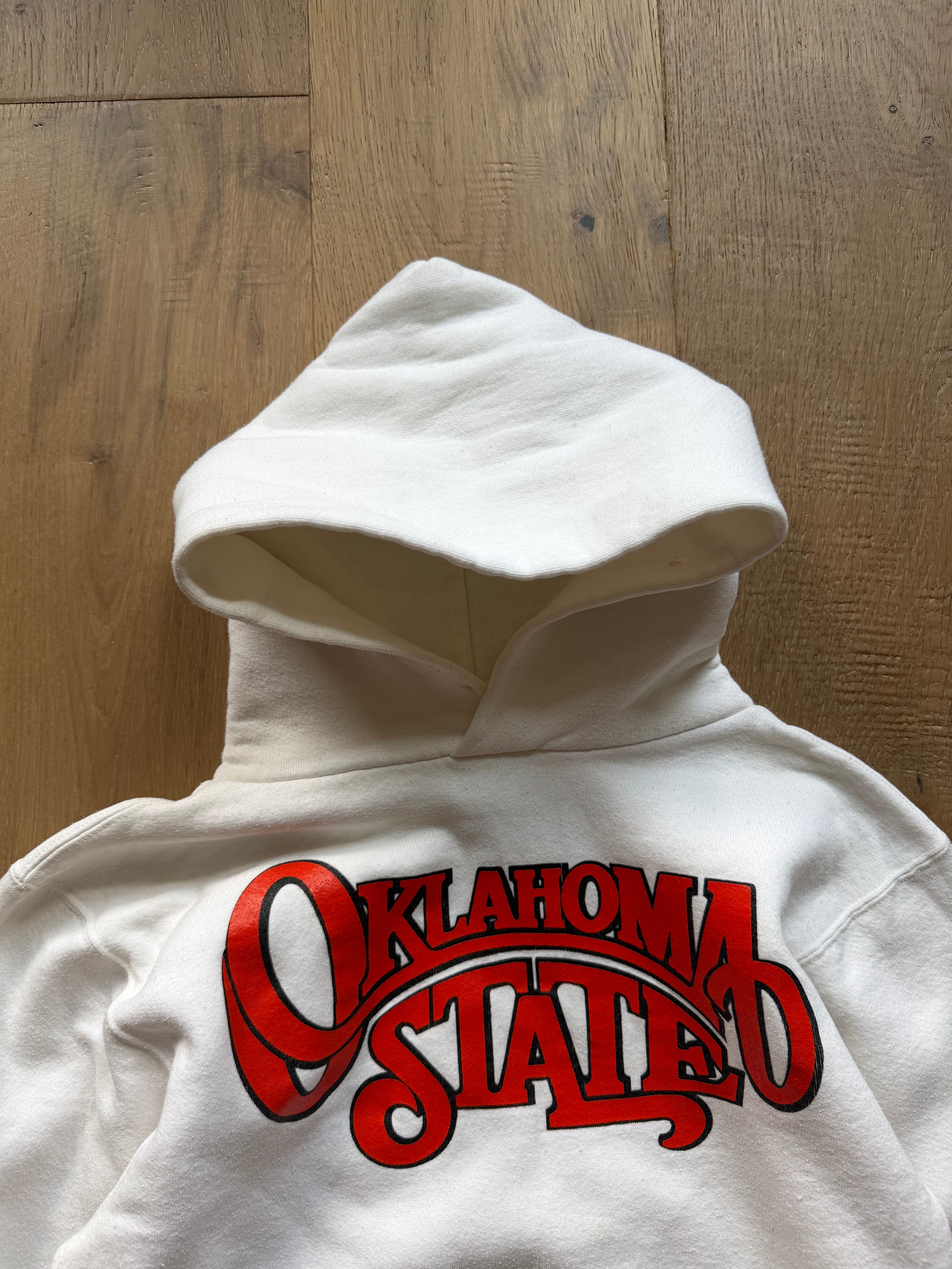 White 80s Russell Oklahoma State Western Font Hoodie Small