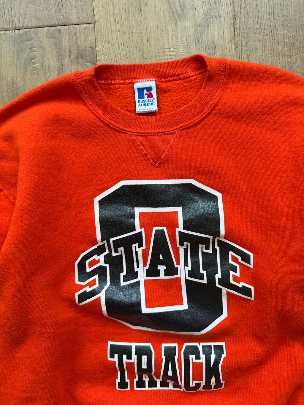 Orange 90s Russell Athletic OSU OState Track and Field Hard Work Crewneck Sweatshirt Large