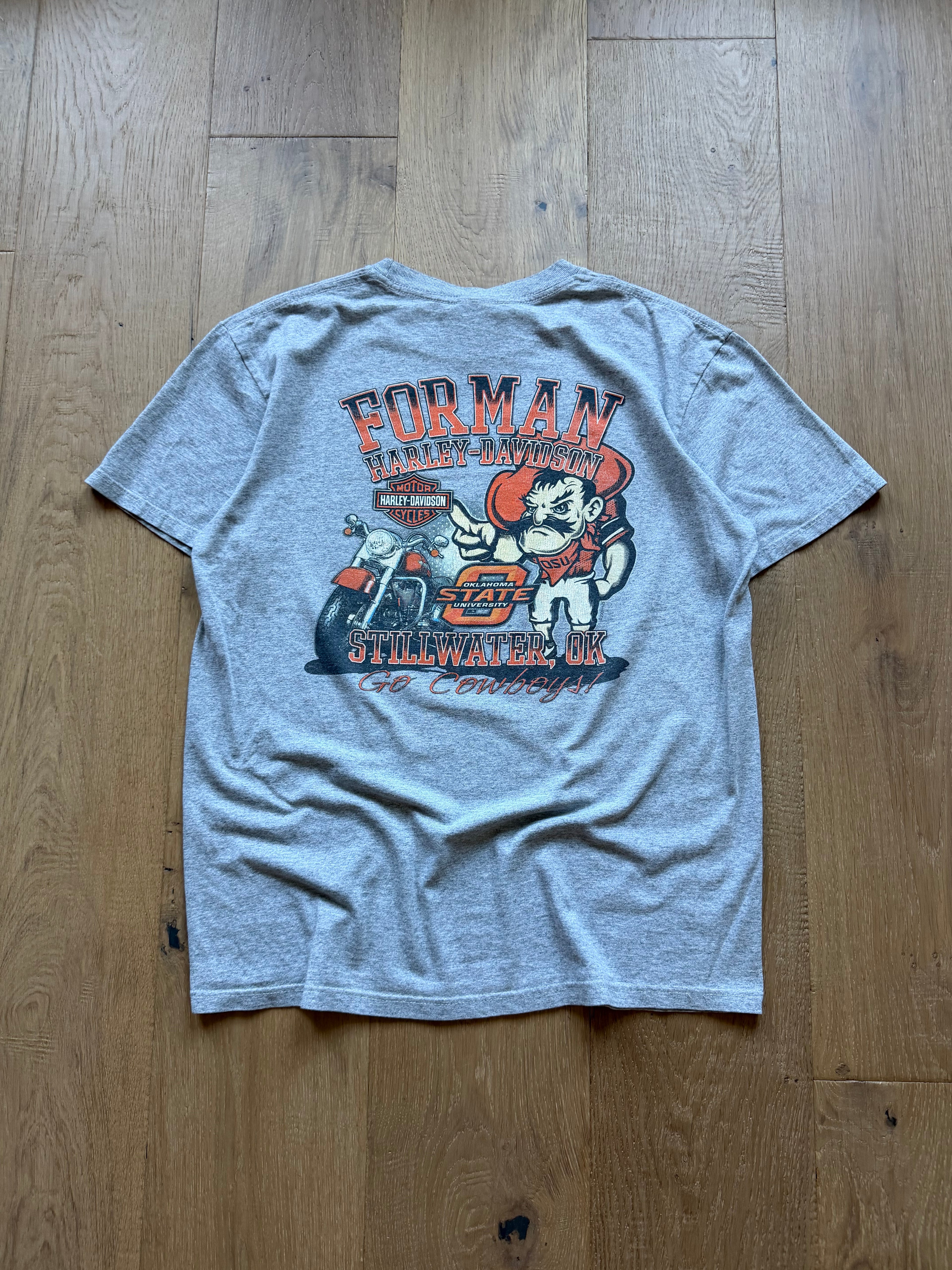 Grey 00s OSU x Harley Davidson Pistol Pete Biker T-Shirt Large