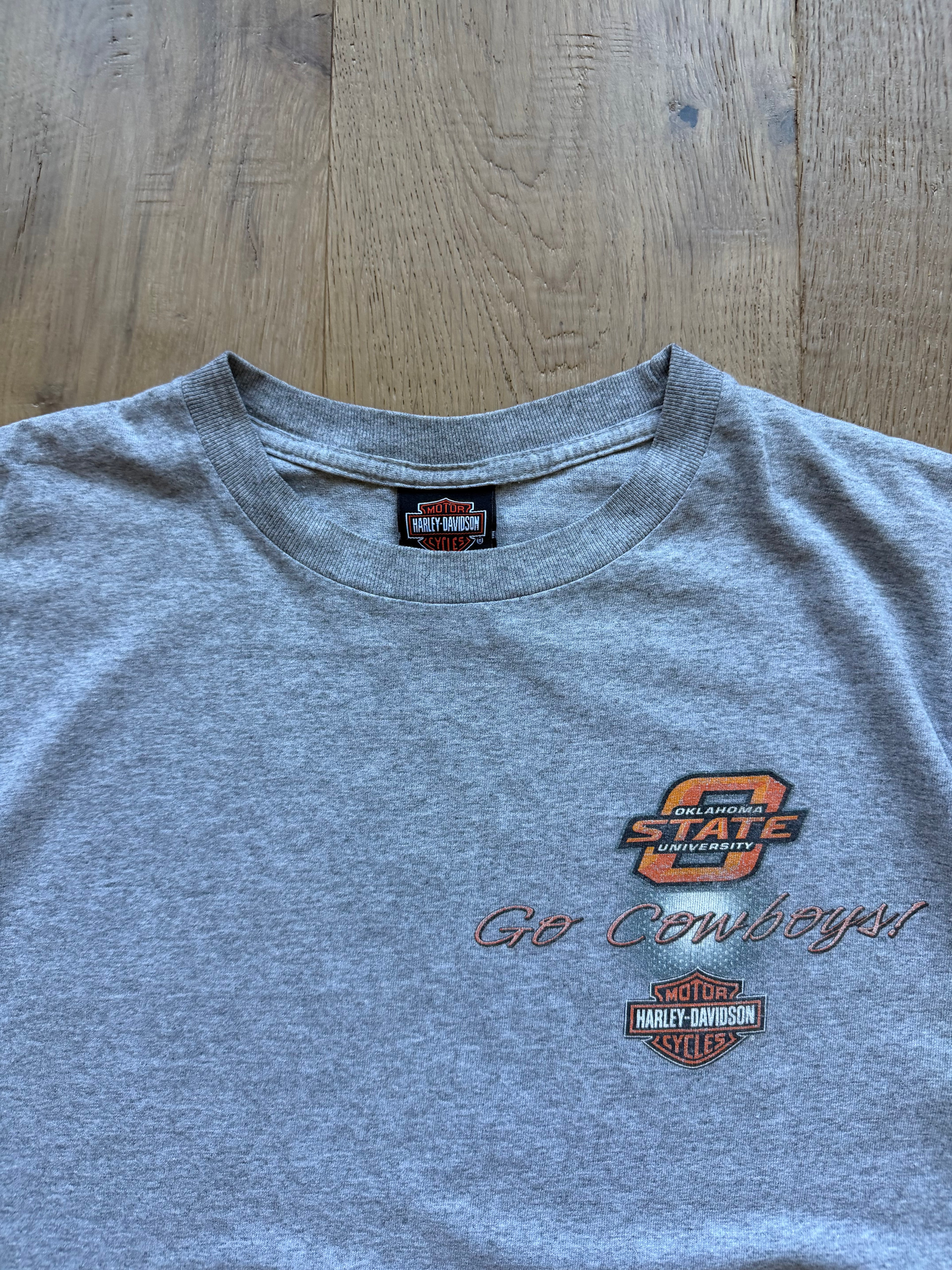 Grey 00s OSU x Harley Davidson Pistol Pete Biker T-Shirt Large