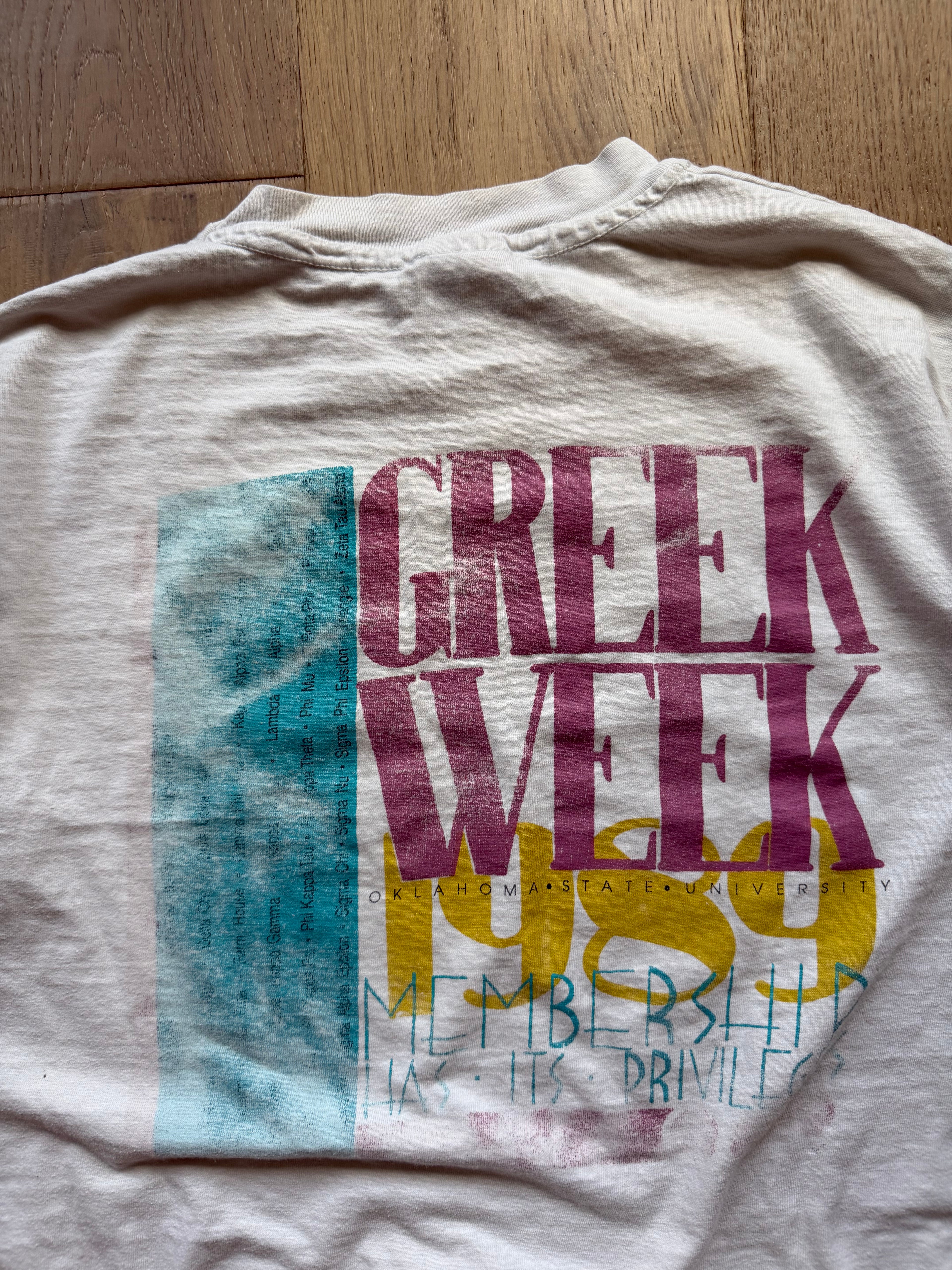 White 1989 OSU Greek Week Membership Privileges T-Shirt Large
