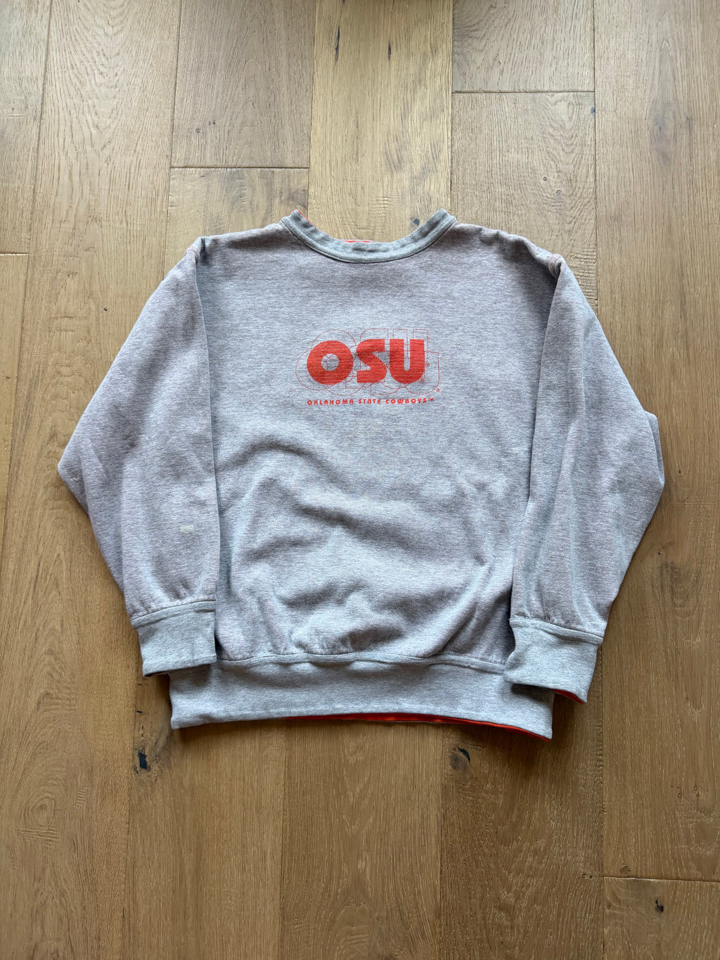 Grey and Orange Reversible 90s MV Sport OSU Layered Outline Crewneck Sweatshirt Large