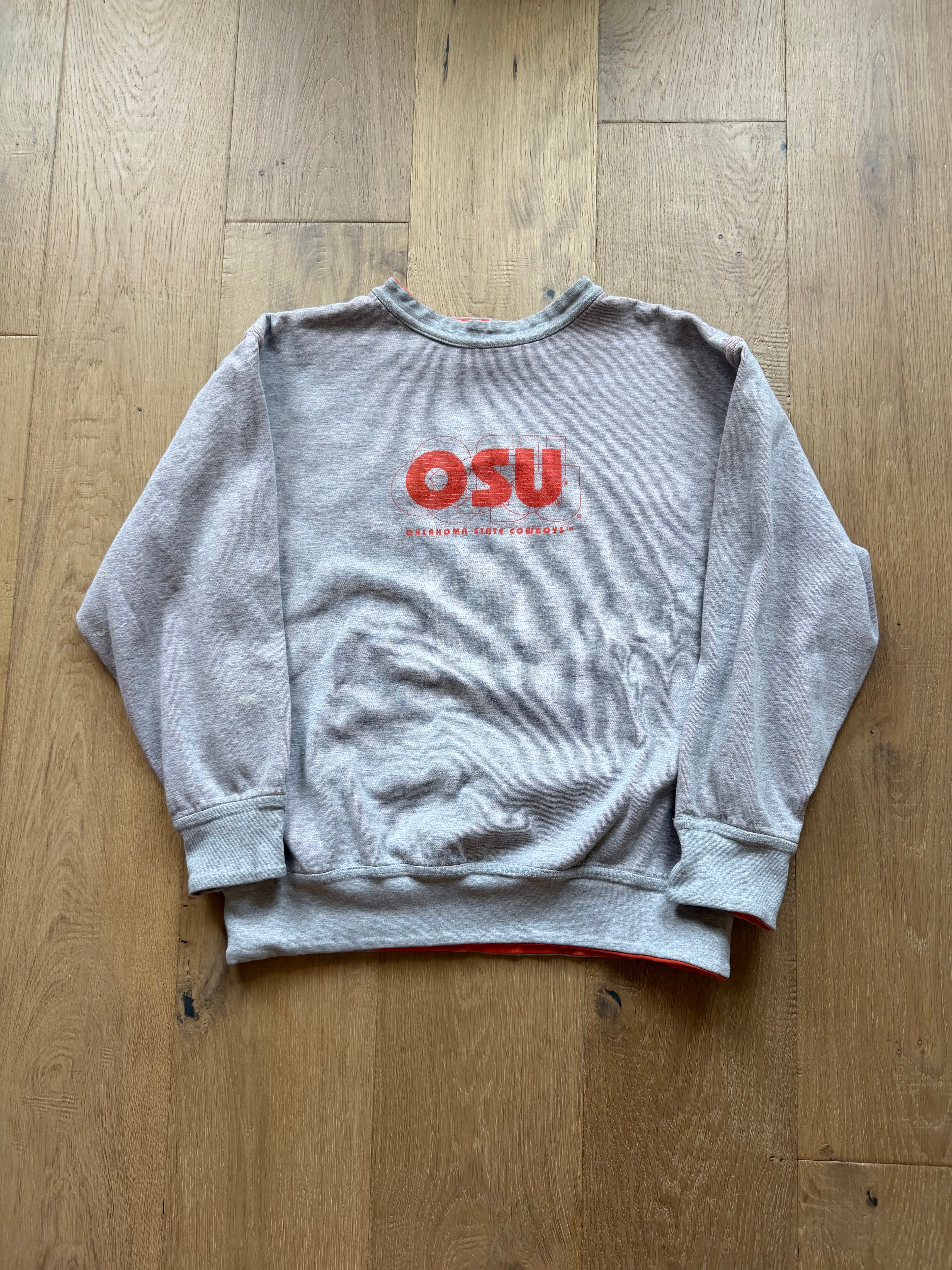 Grey and Orange Reversible 90s MV Sport OSU Layered Outline Crewneck Sweatshirt Large