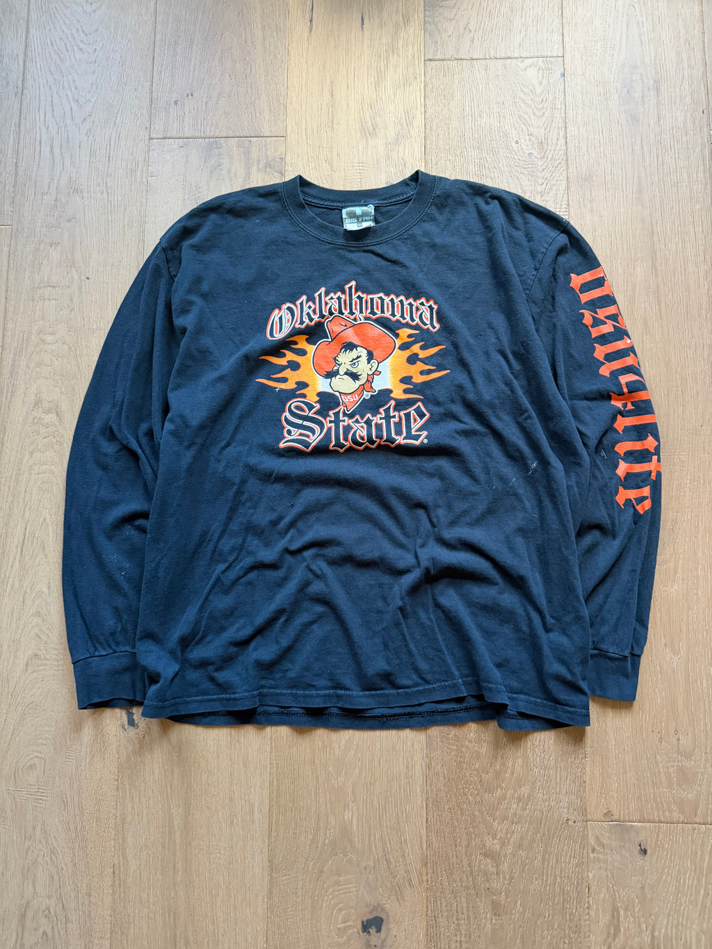 Black 00s Big Fan Flame Pete “Oklahoma State” OSU4LIFE Sleeve Hit Long Sleeve XL