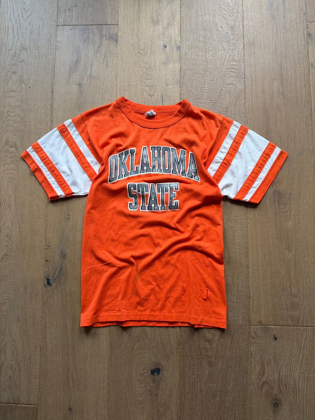 Orange 70s Champion Oklahoma State Striped Sleeve T-Shirt Small