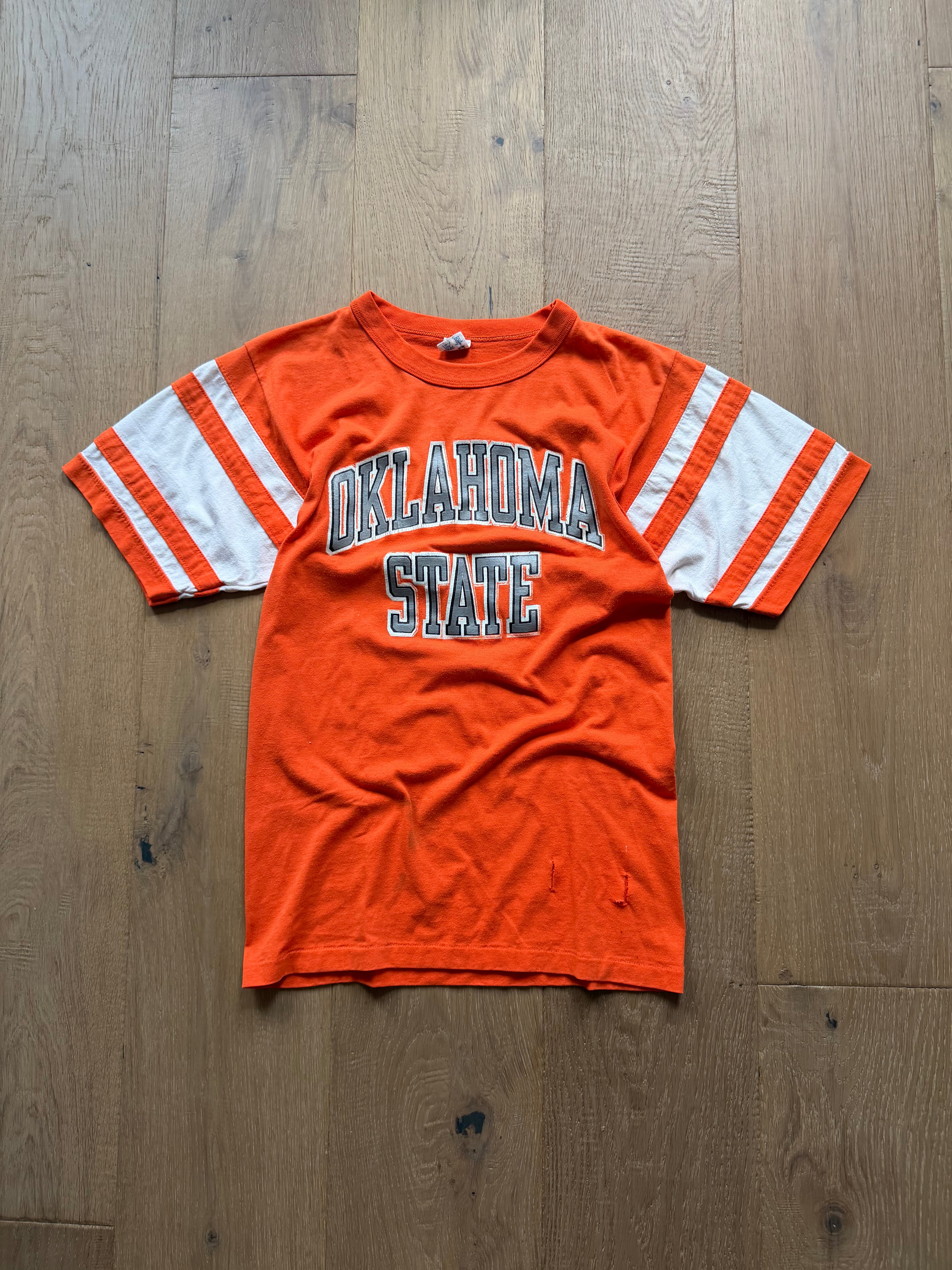 Orange 70s Champion Oklahoma State Striped Sleeve T-Shirt Small