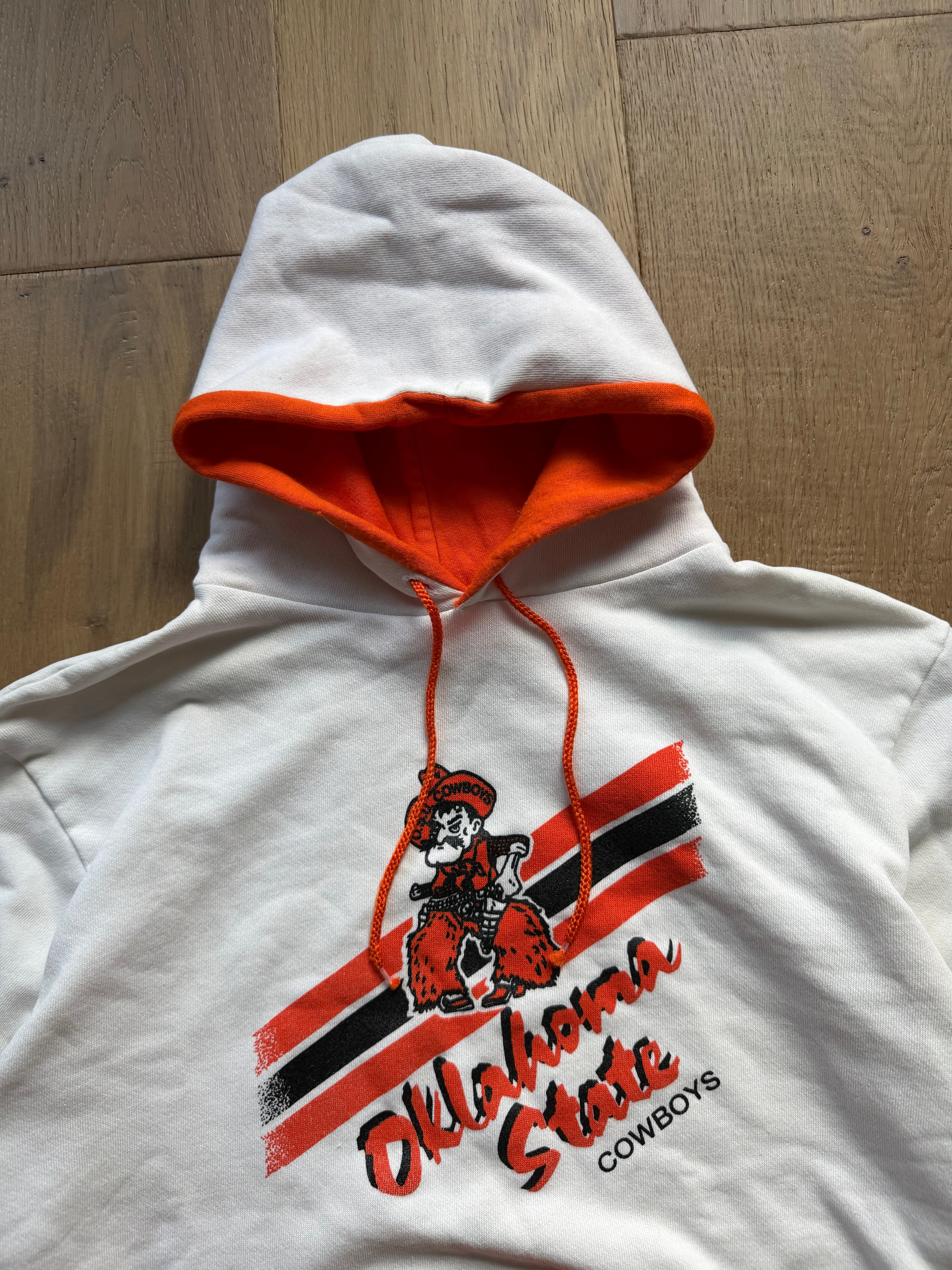 White 80s Orange Pocket Retro Pete Lined Hoodie Medium
