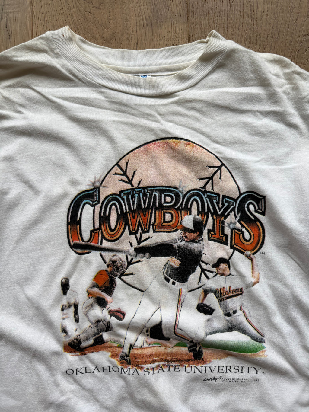 White 90s Cowboy Baseball Player Pictures T-Shirt Large