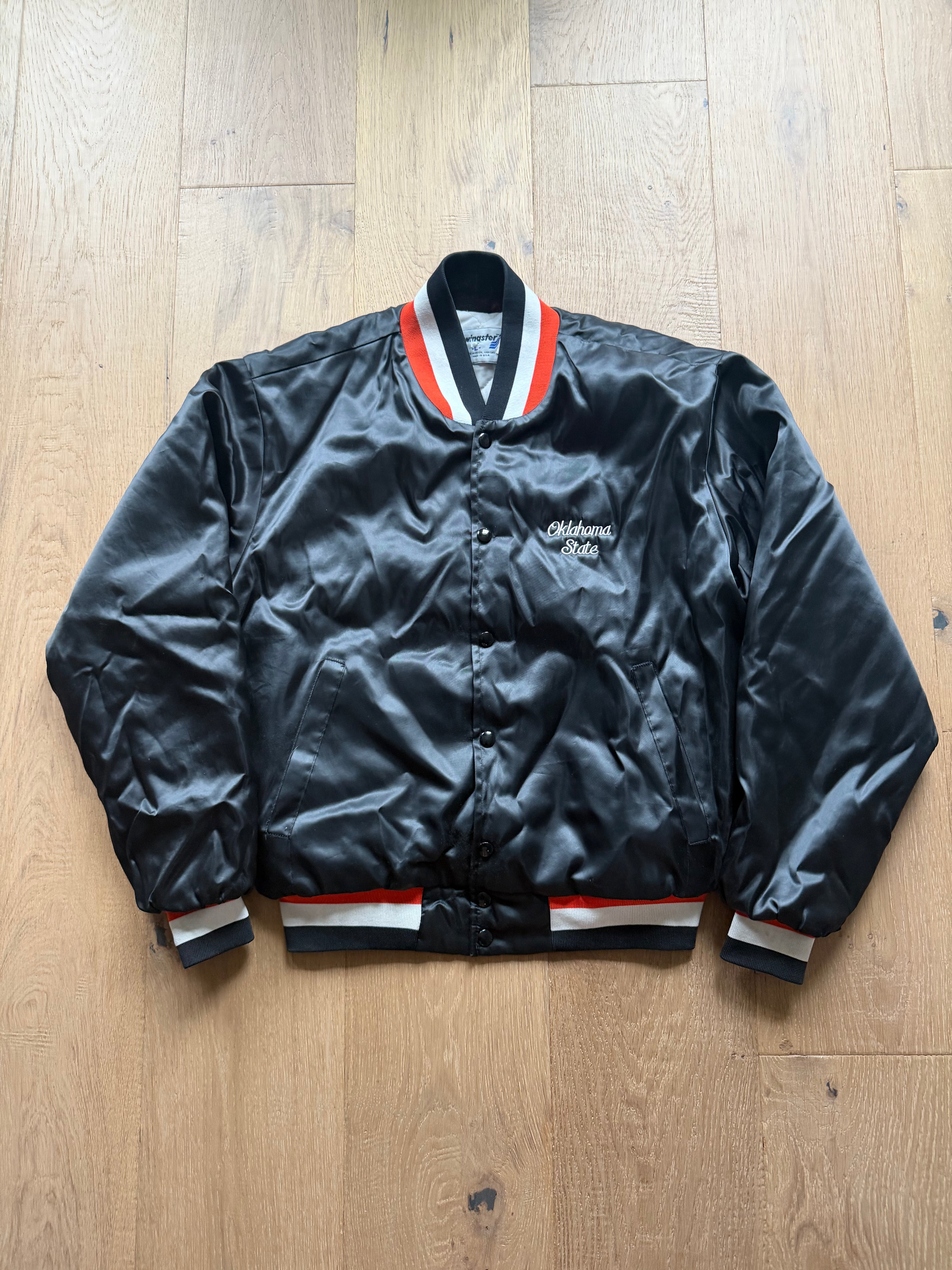 Black 90s Swingster Oklahoma State Embroidered Satin Jacket