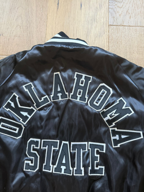 Black + White Cowboys Tail “Oklahoma State” Patch Back Satin Jacket XL