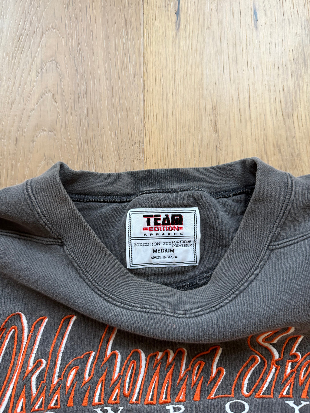 Faded Black TEAM “Oklahoma State” Script Embroidered Pete Crewneck Sweatshirt Medium