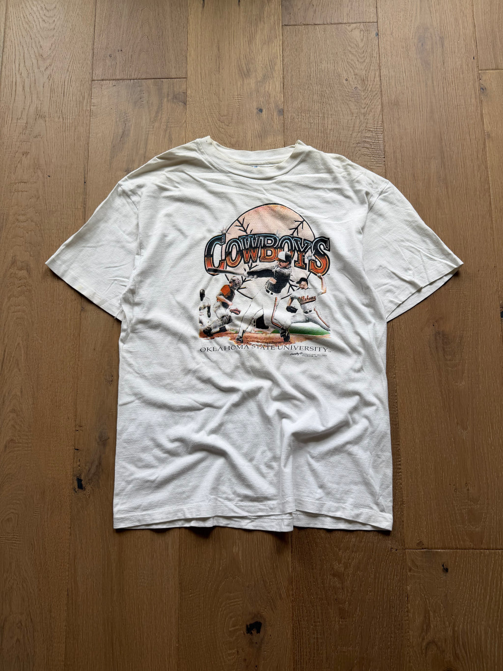 White 90s Cowboy Baseball Player Pictures T-Shirt Large