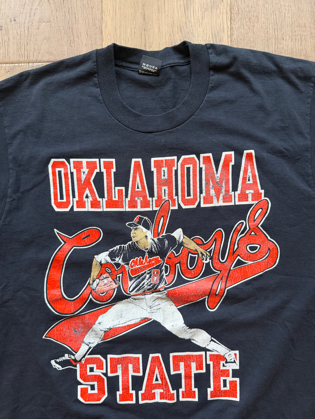 Black 90s Oklahoma State Baseball Pitcher Drawing T-Shirt Large