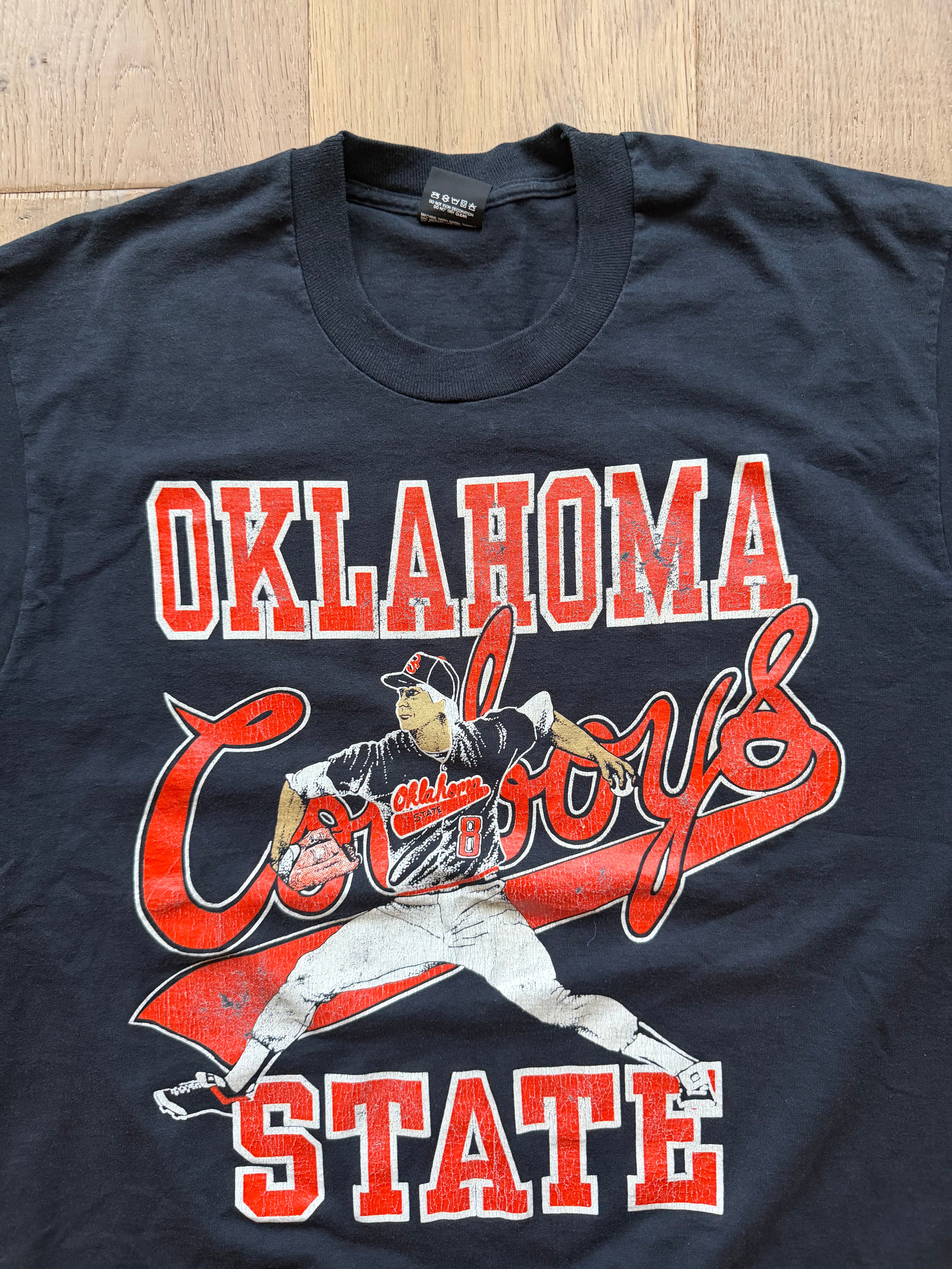 Black 90s Oklahoma State Baseball Pitcher Drawing T-Shirt Large