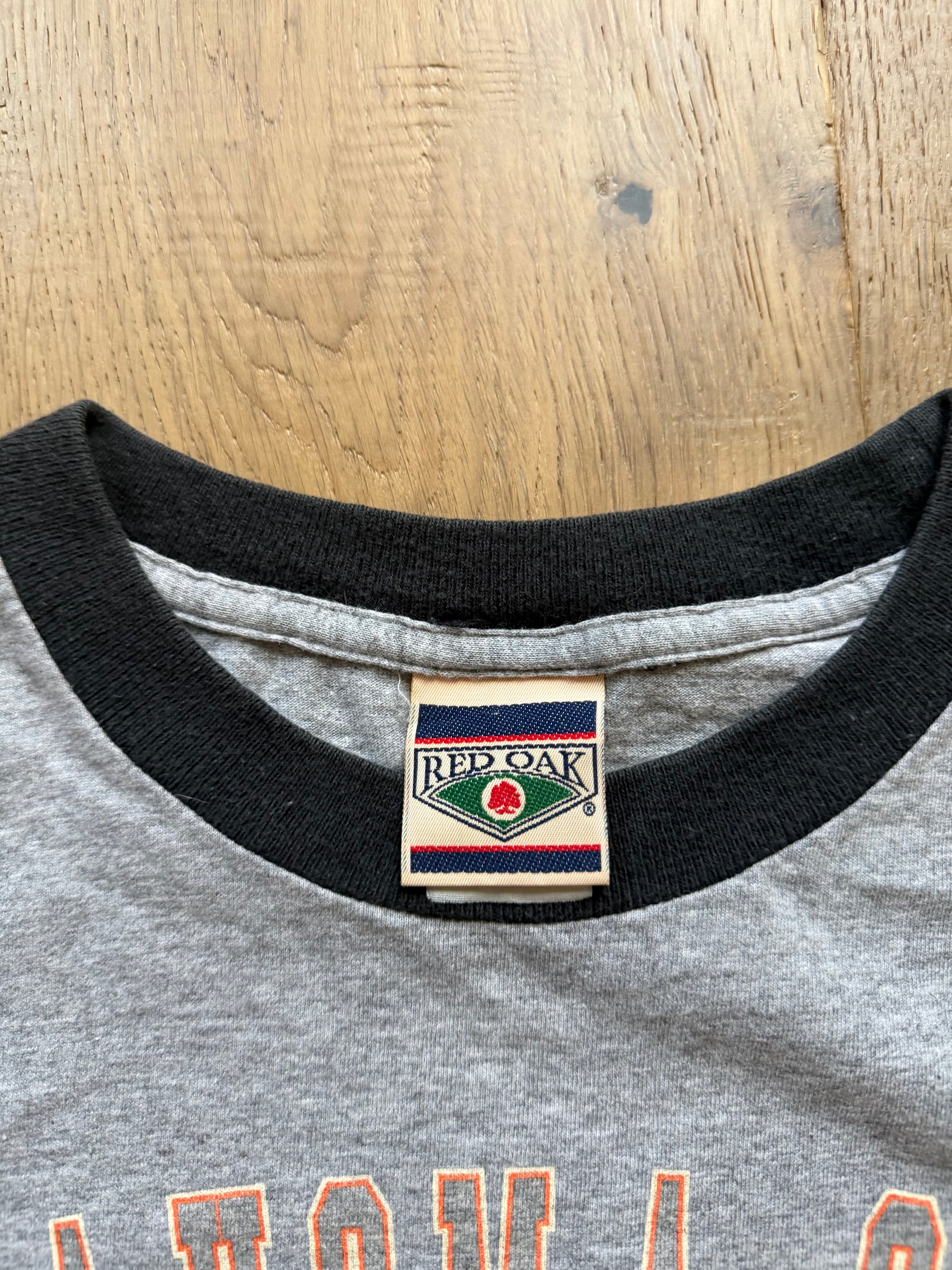 Grey + Black 00s Red Oak OSU Established 1890 Block Sleeve T-Shirt Medium