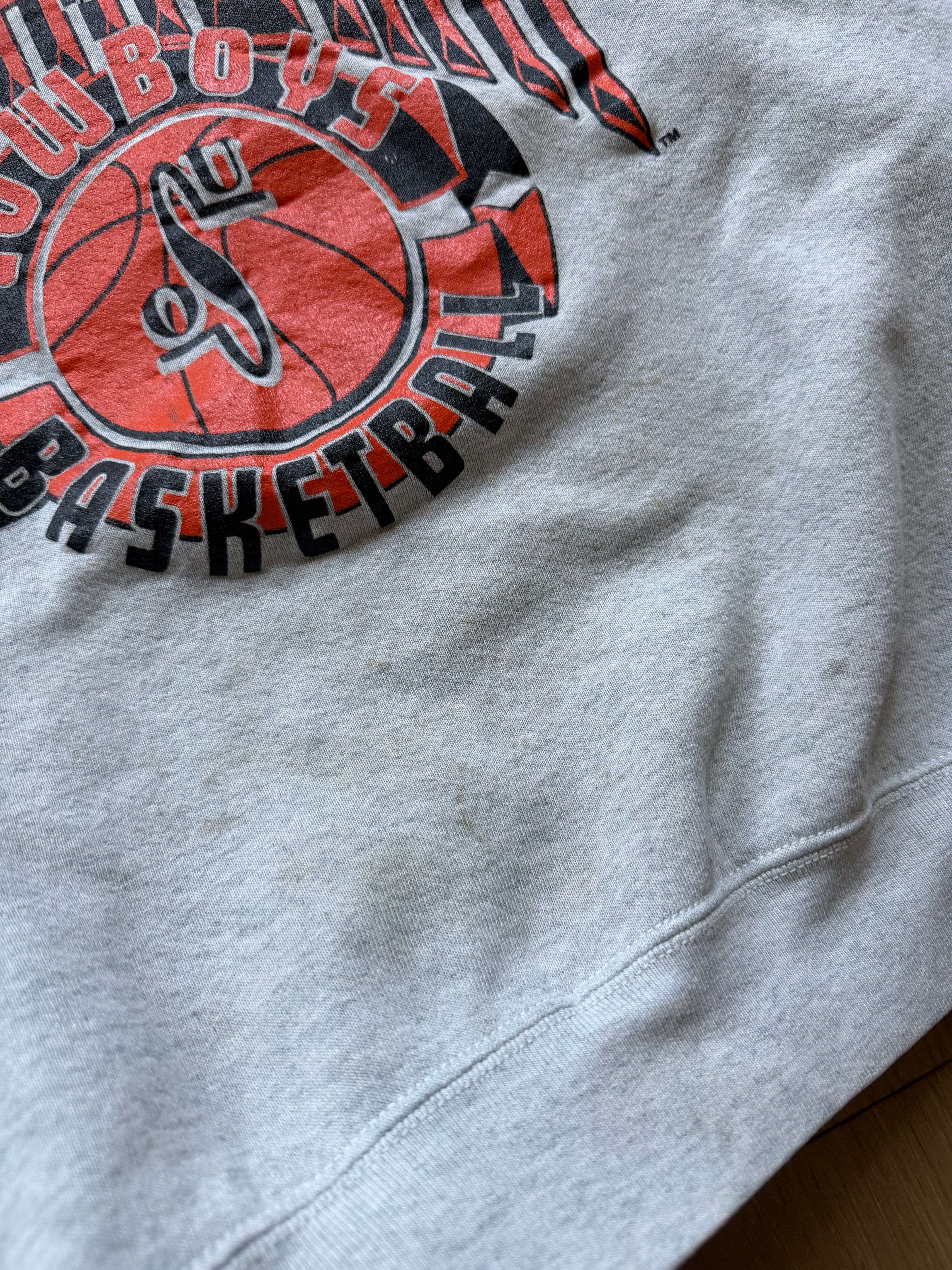 Grey 90s Oklahoma State Basketball 3D Text Ball Crewneck Sweatshirt Medium