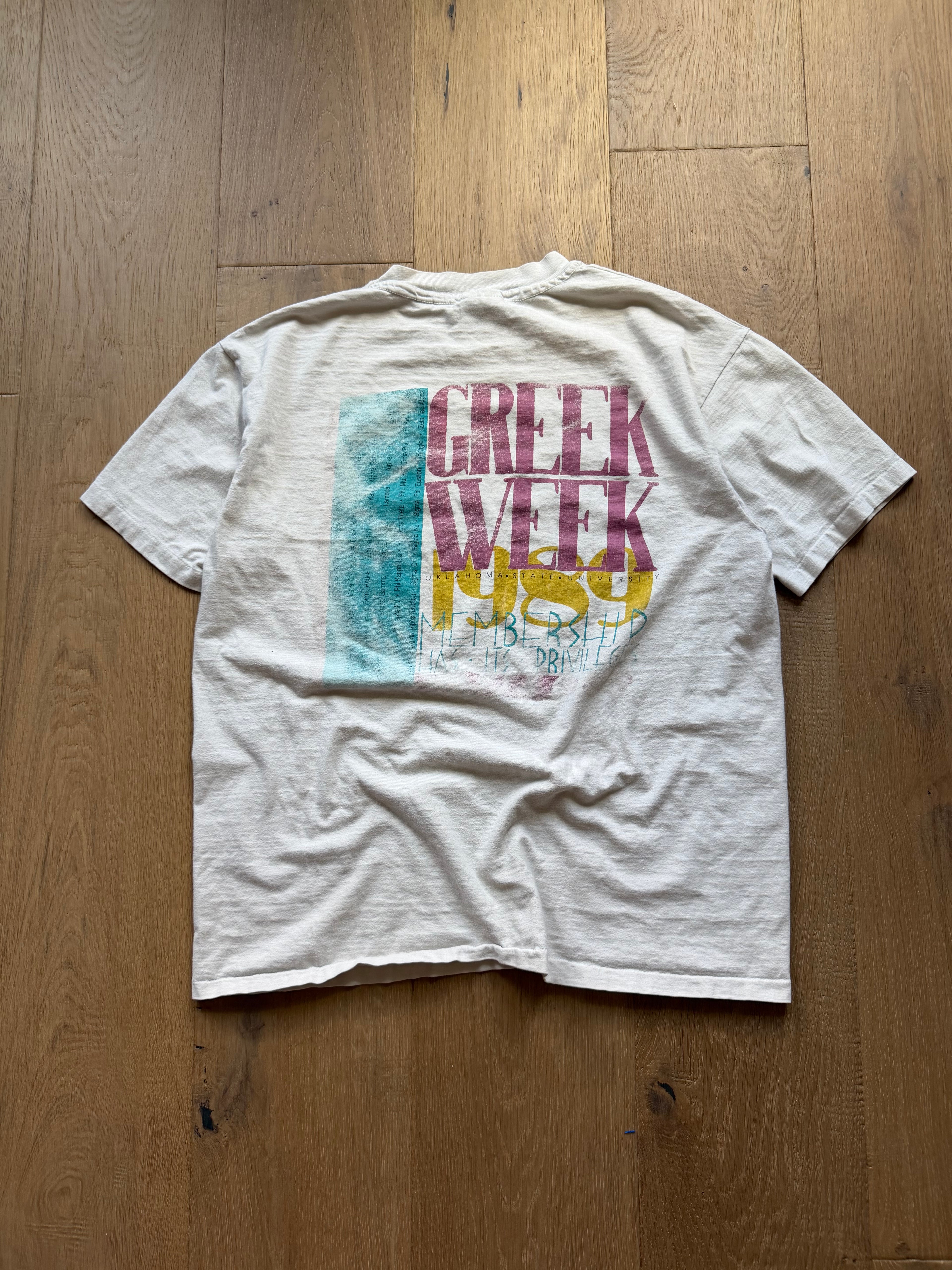 White 1989 OSU Greek Week Membership Privileges T-Shirt Large