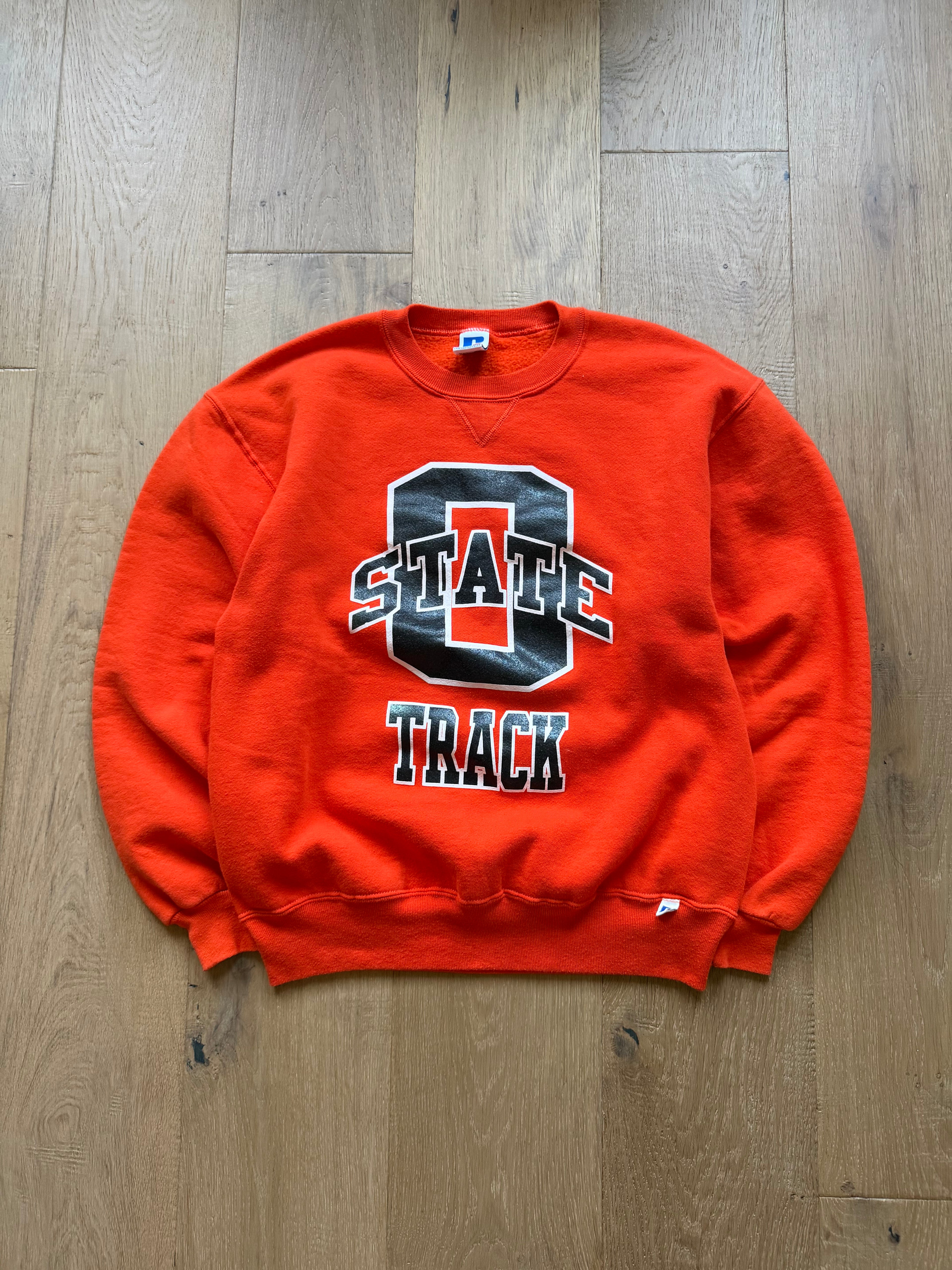 Orange 90s Russell Athletic OSU OState Track and Field Hard Work Crewneck Sweatshirt Large