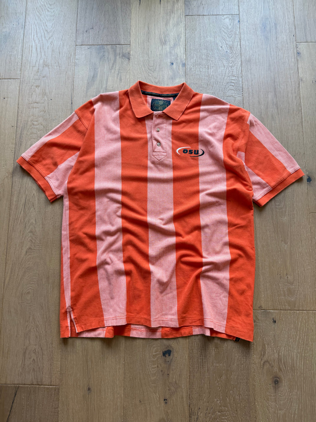Orange 00s Infiniti OSU Embroidered Vertical Striped Polo Shirt XXL