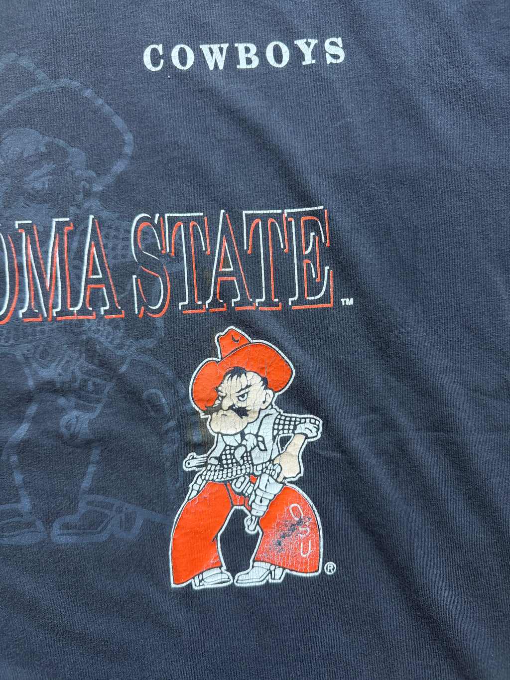 Black 90s Oklahoma State Pistol Pete Shadow Ornate T-Shirt XXL