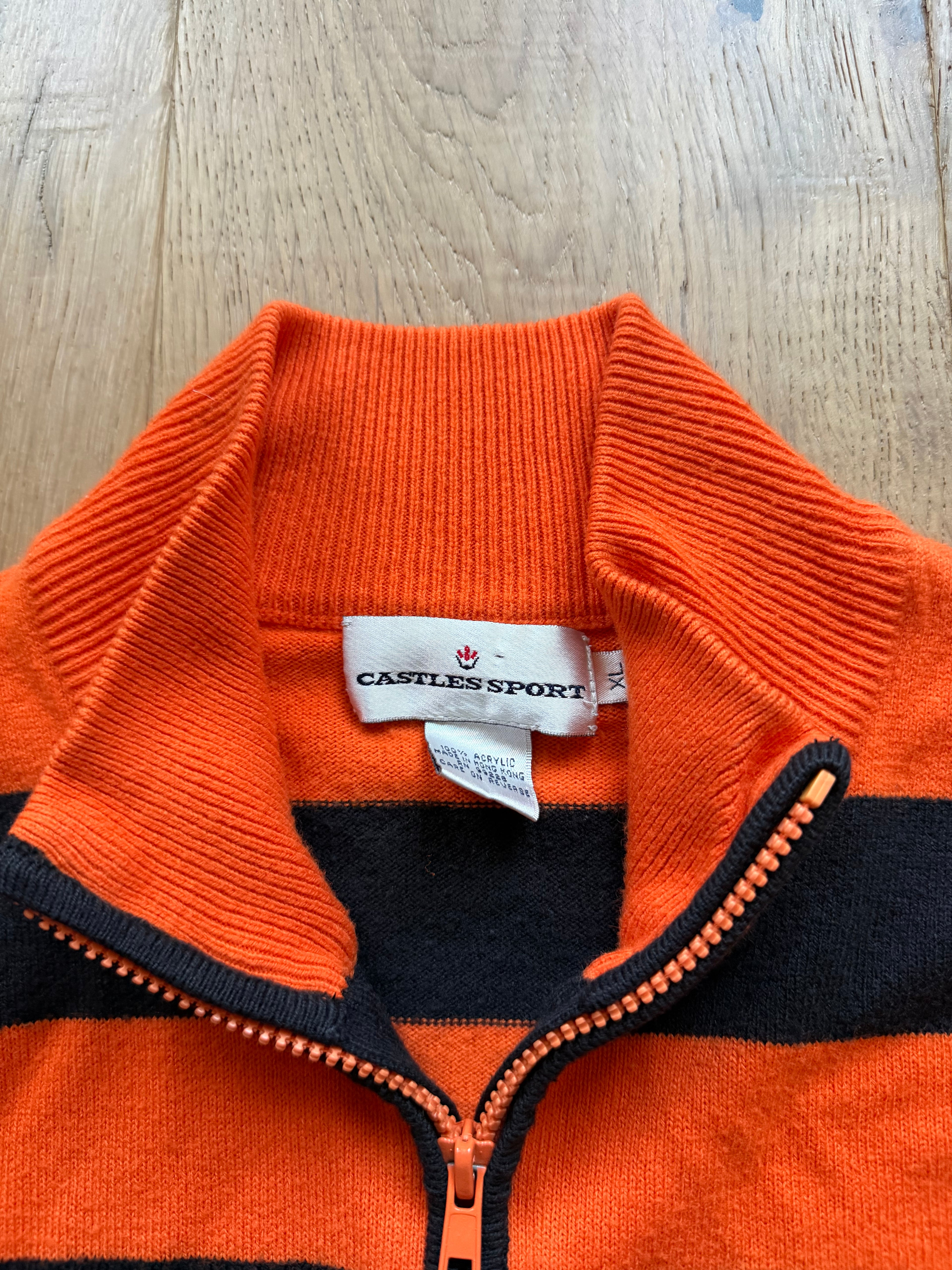 Black + Orange Striped Castles Sport “Cowboys” Embroidered Quarter Zip Sweater XL