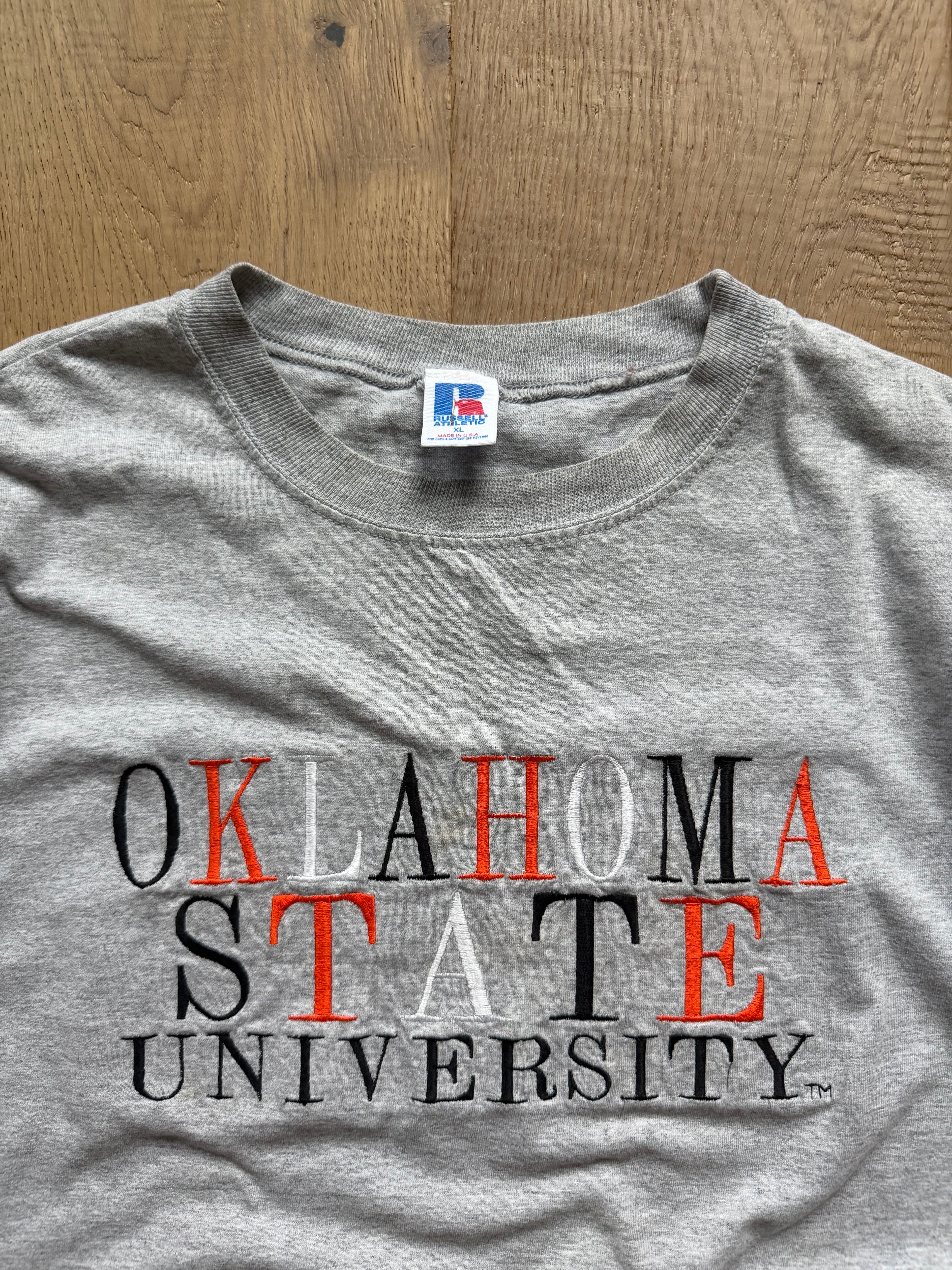 Grey 90s Russell Athletic OSU Multicolored Embroidery T-Shirt XL