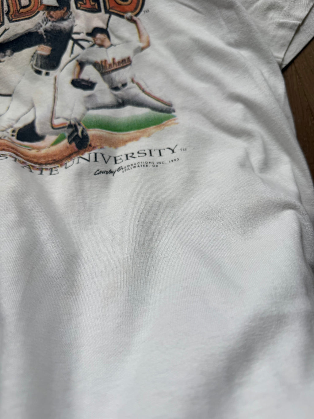 White 90s Cowboy Baseball Player Pictures T-Shirt Large
