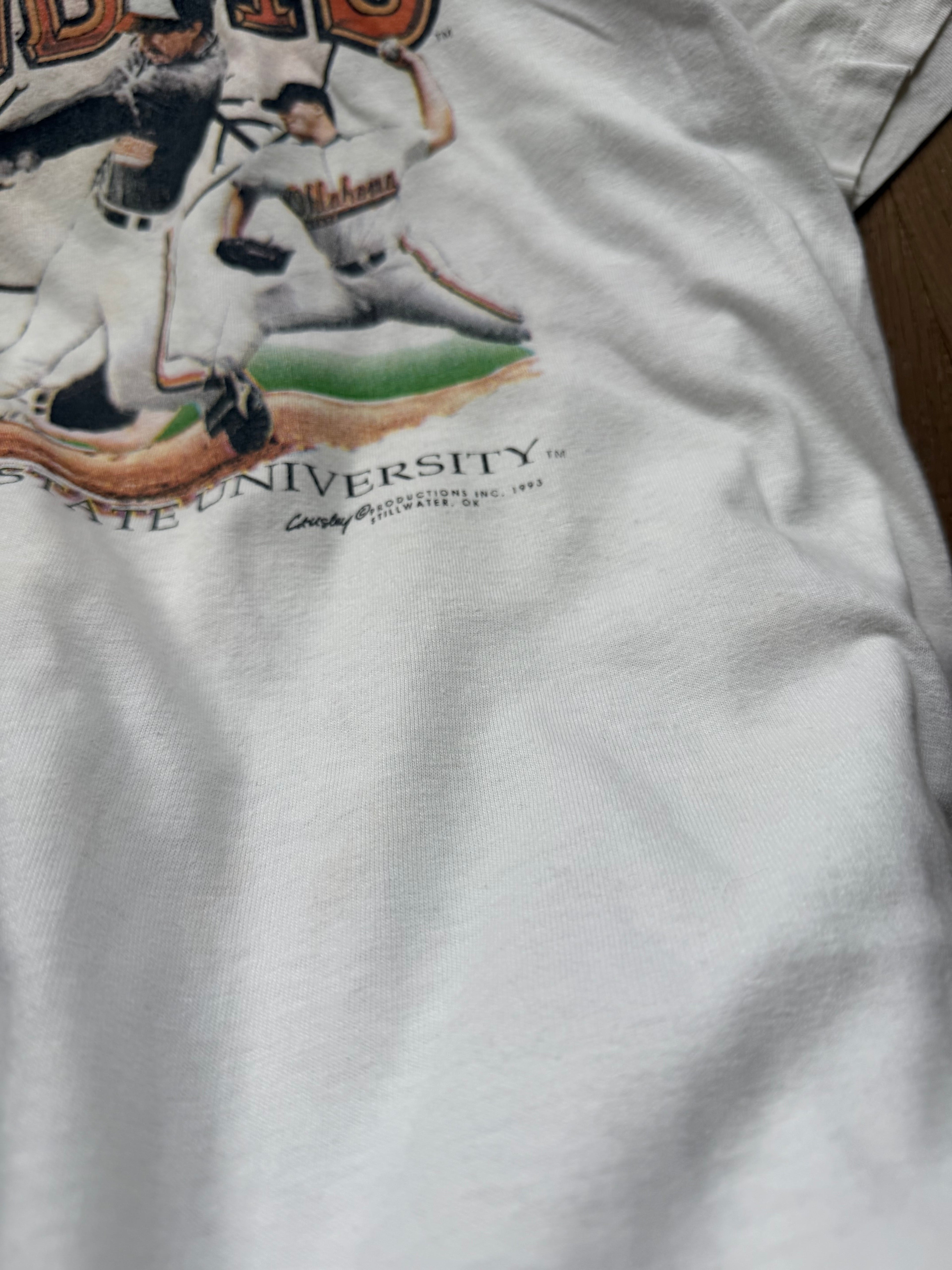 White 90s Cowboy Baseball Player Pictures T-Shirt Large
