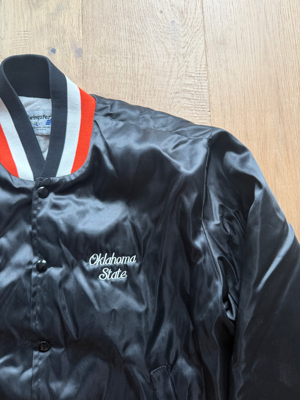 Black 90s Swingster Oklahoma State Embroidered Satin Jacket
