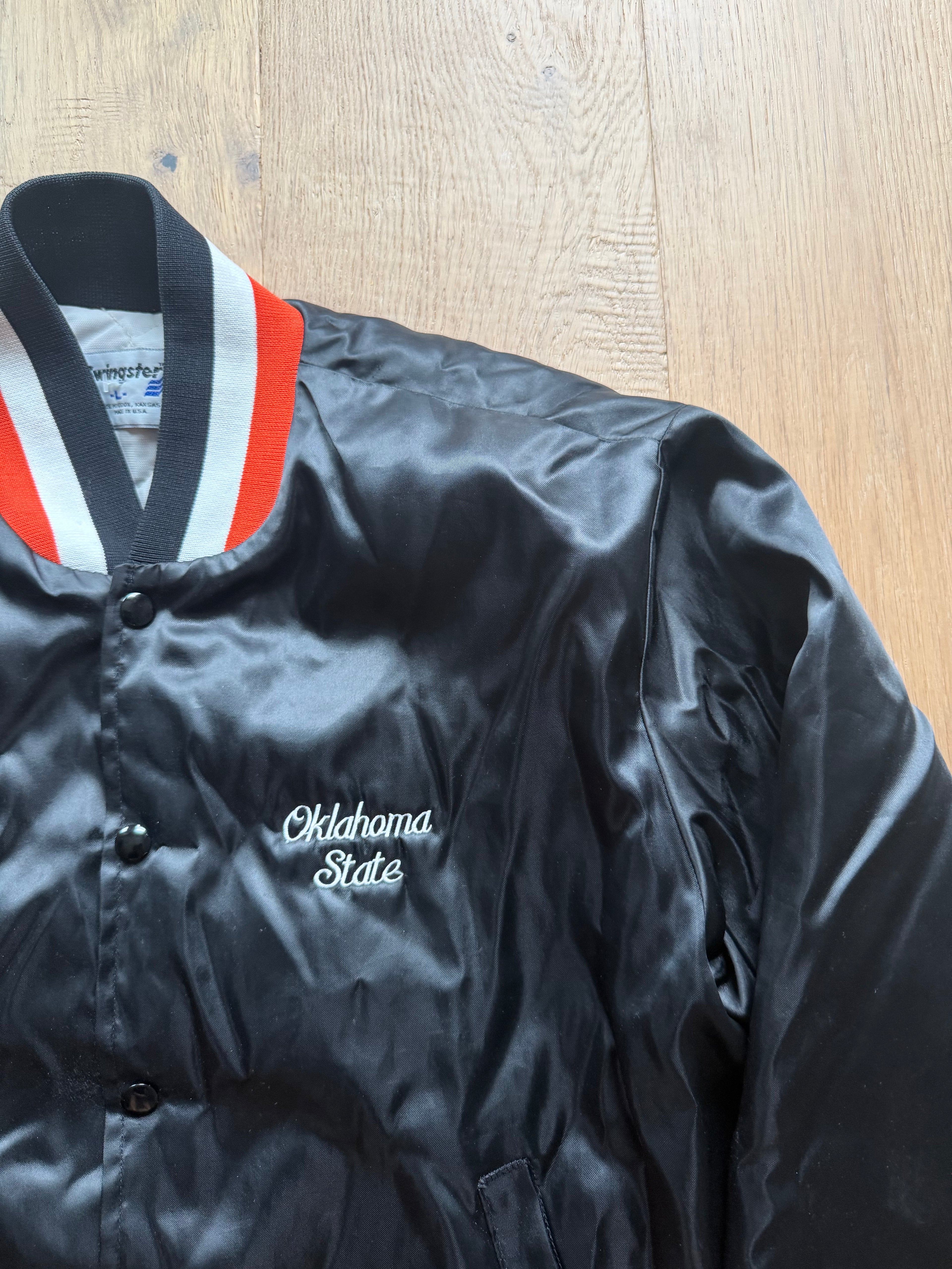 Black 90s Swingster Oklahoma State Embroidered Satin Jacket