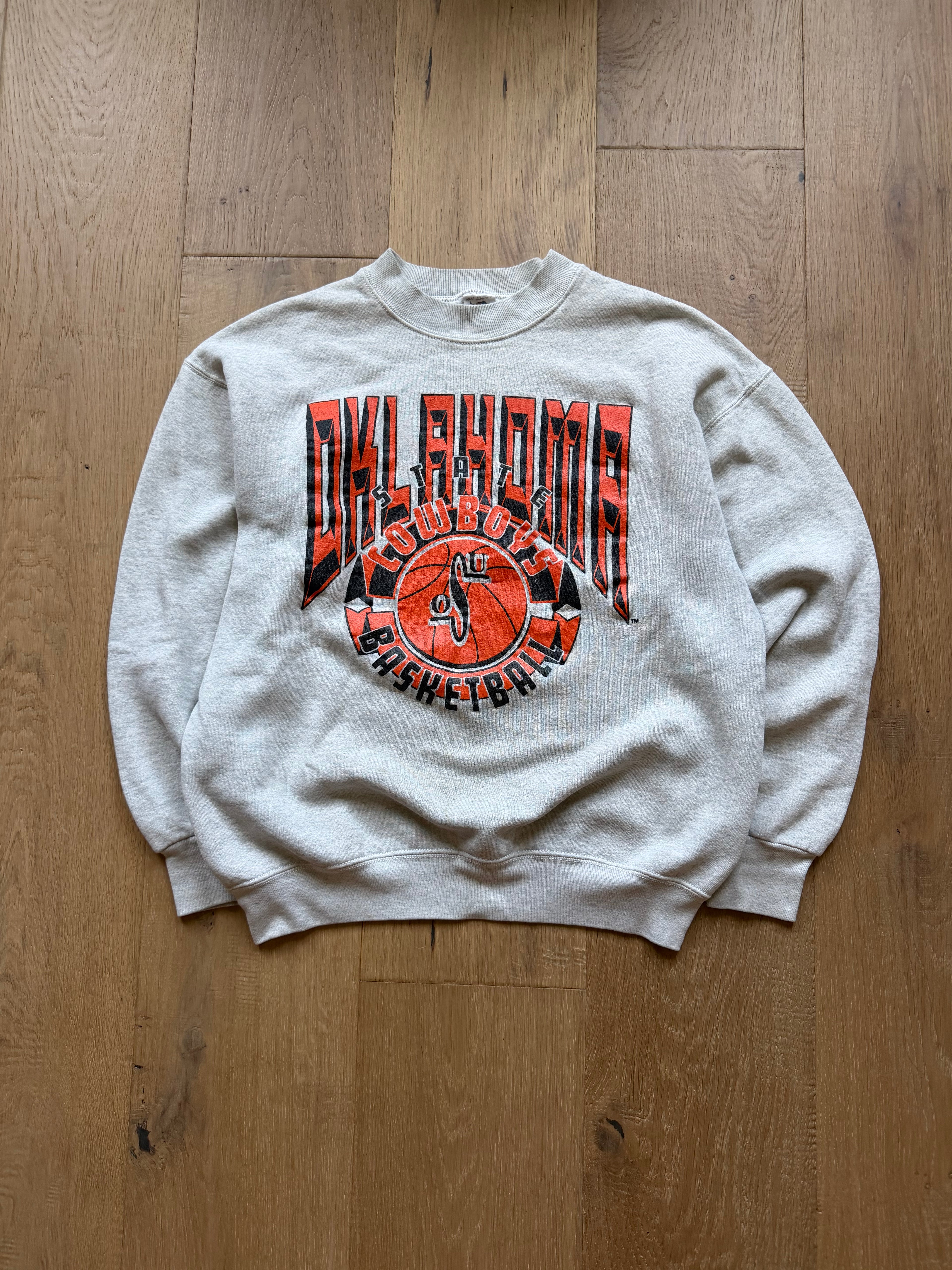 Grey 90s Oklahoma State Basketball 3D Text Ball Crewneck Sweatshirt Medium