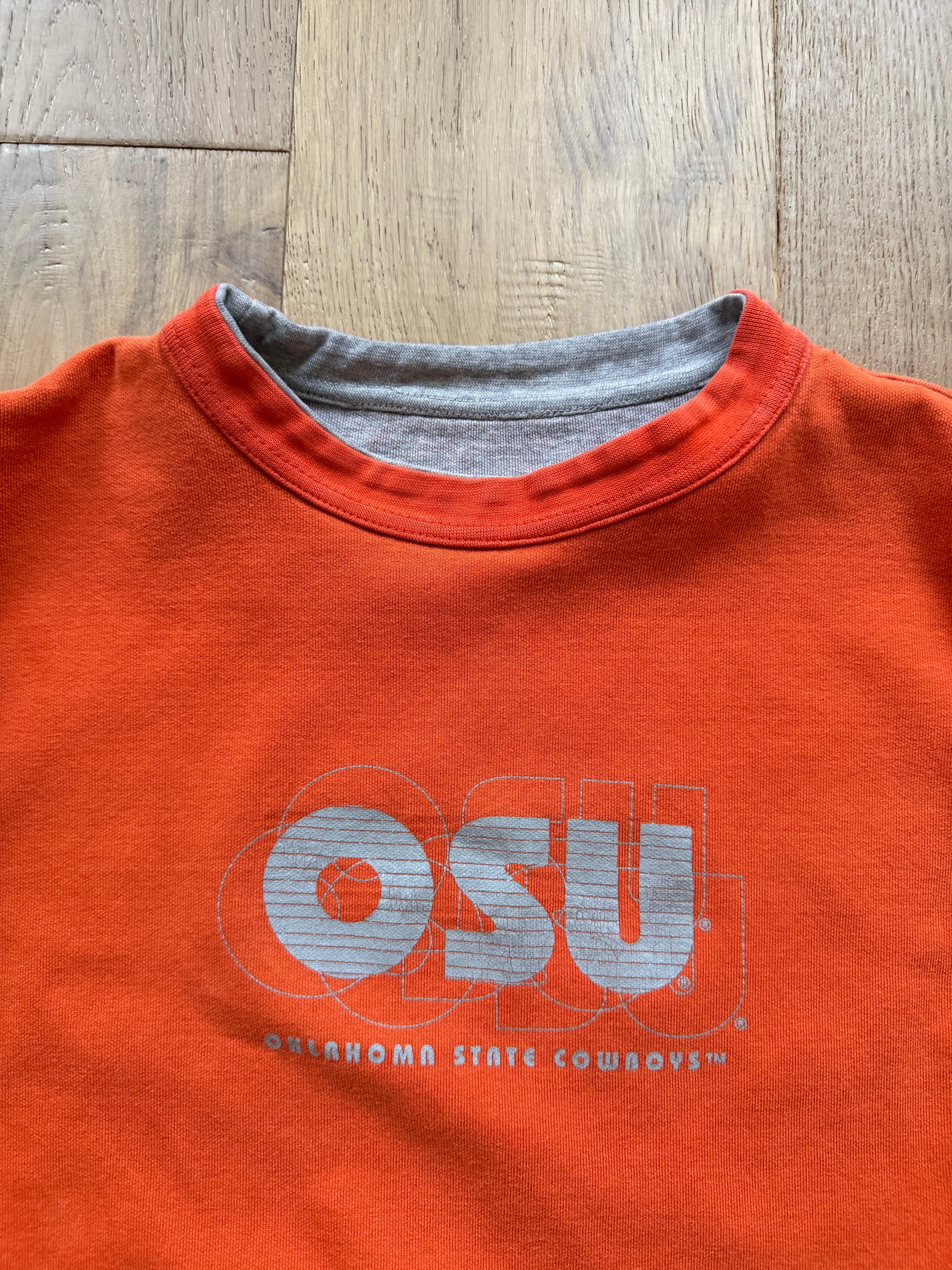 Grey and Orange Reversible 90s MV Sport OSU Layered Outline Crewneck Sweatshirt Large