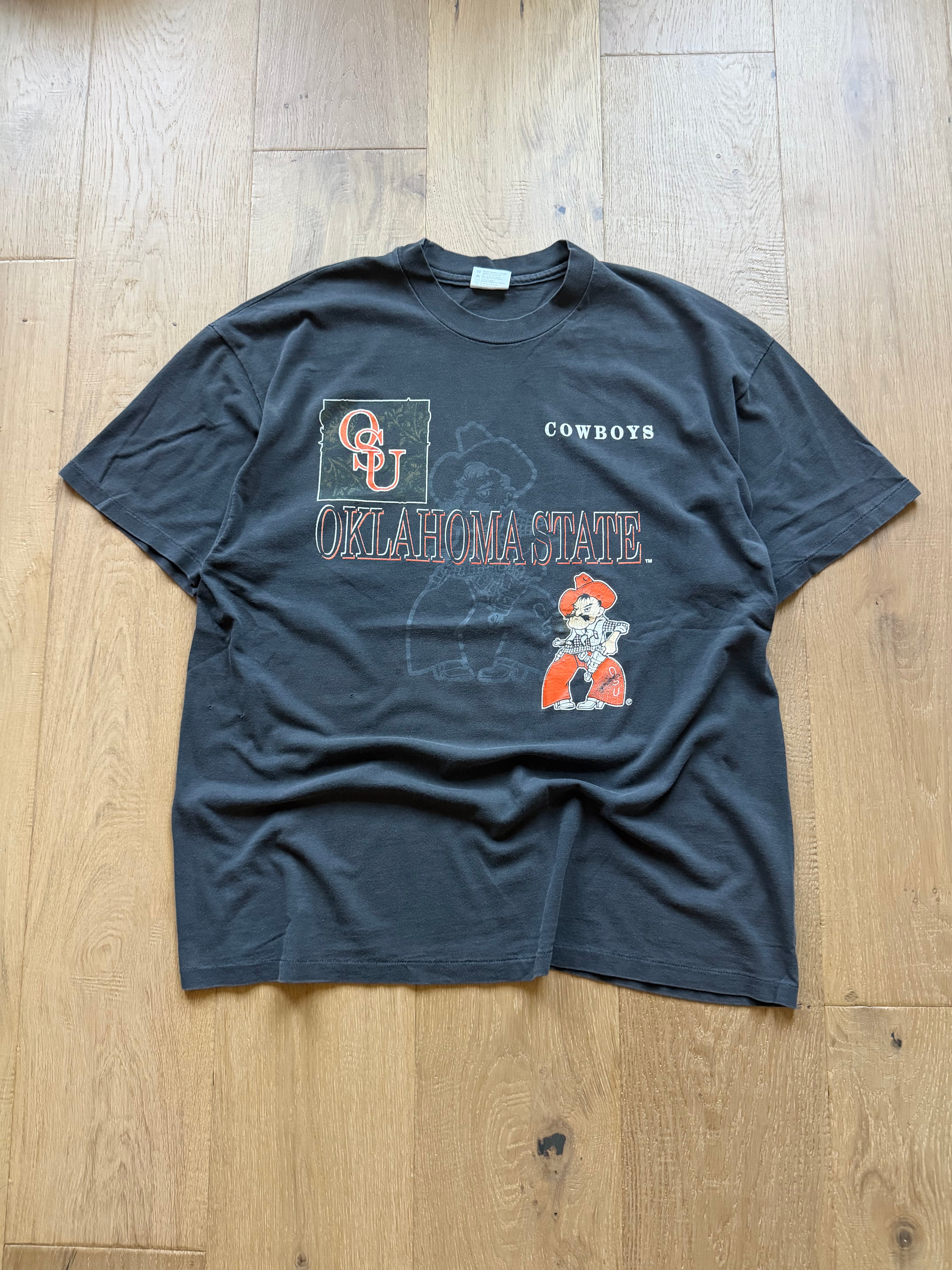 Black 90s Oklahoma State Pistol Pete Shadow Ornate T-Shirt XXL