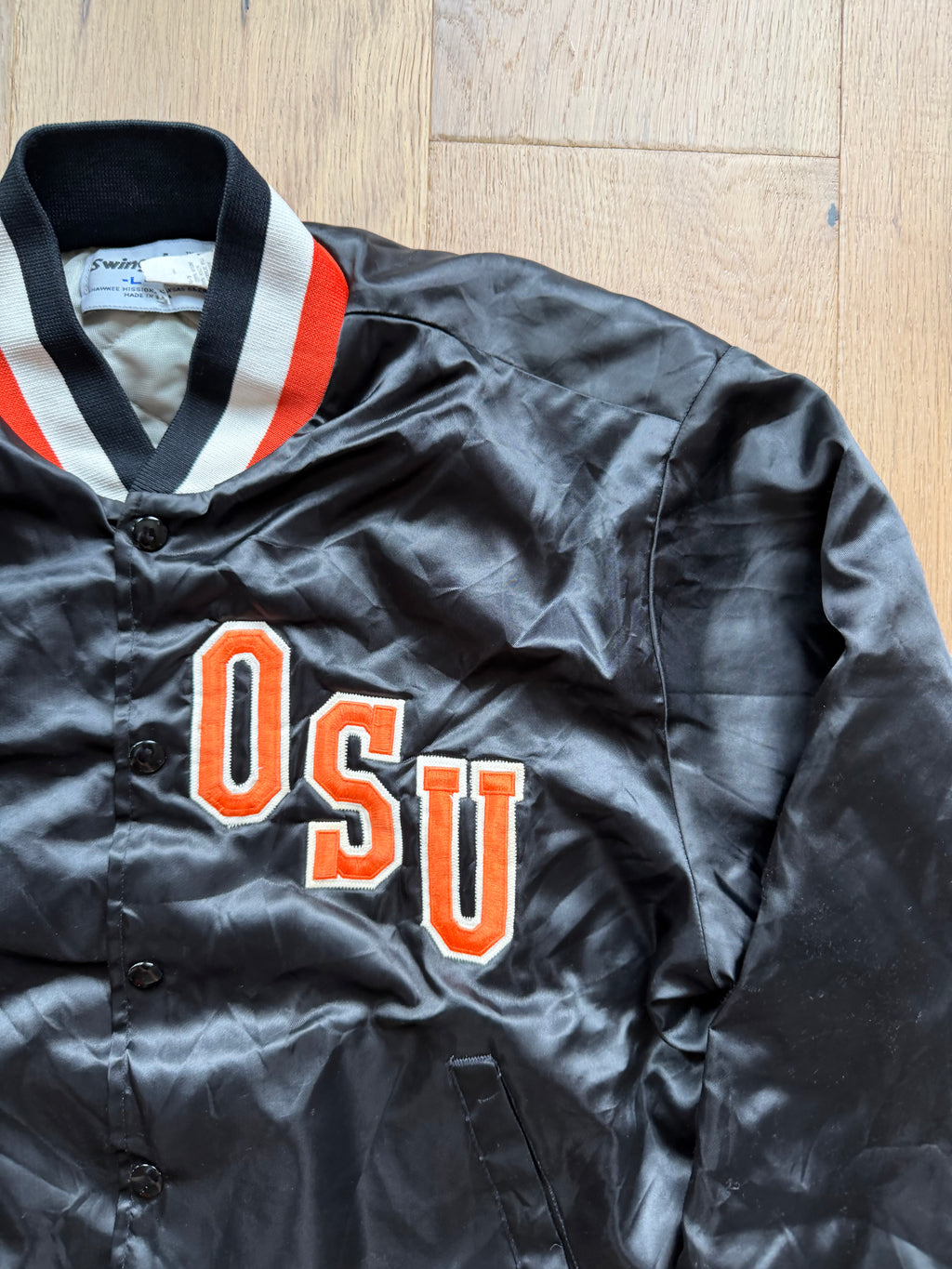 Black 90s Swingster OSU Diagonal Satin Jacket Medium