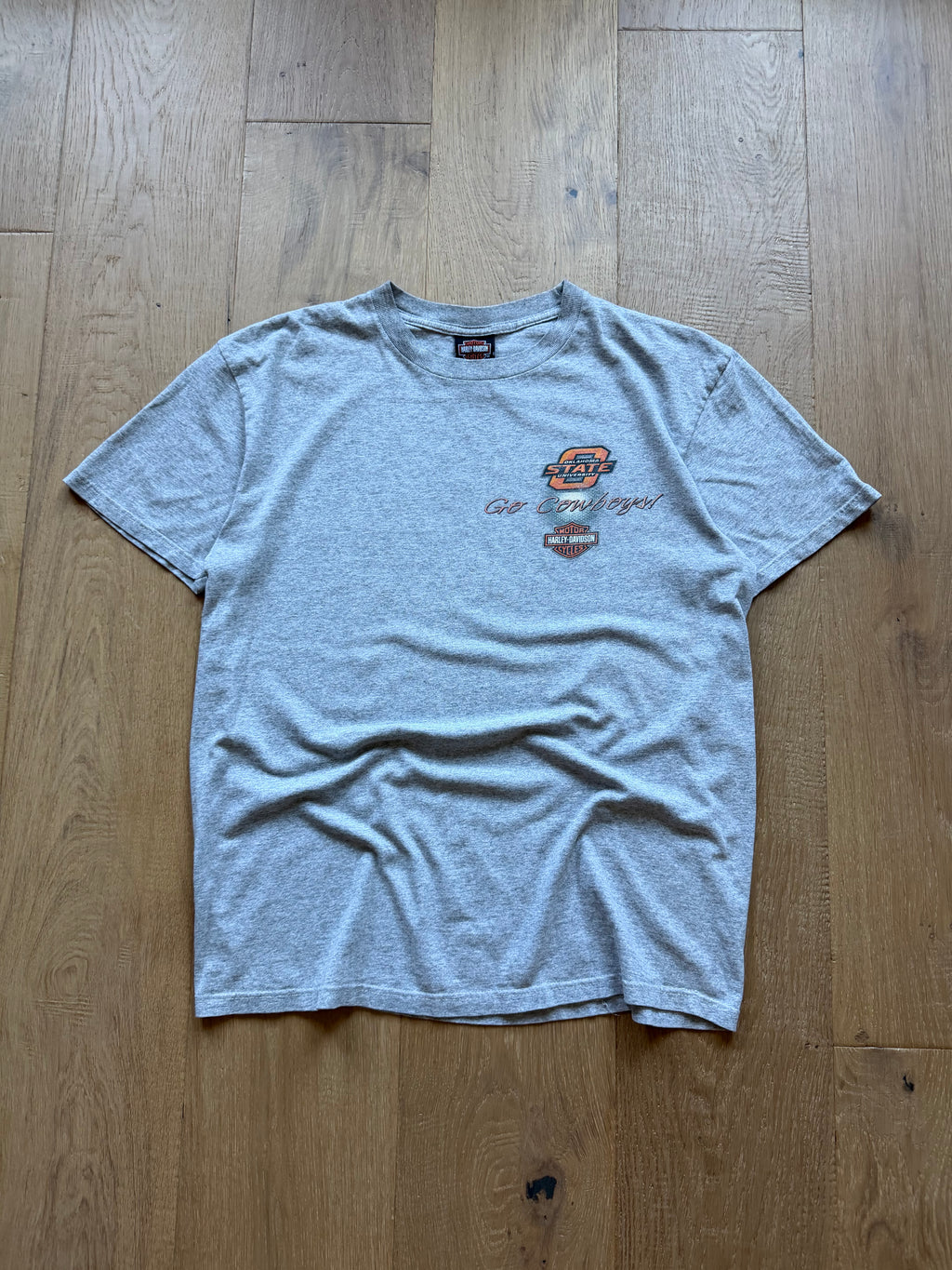 Grey 00s OSU x Harley Davidson Pistol Pete Biker T-Shirt Large