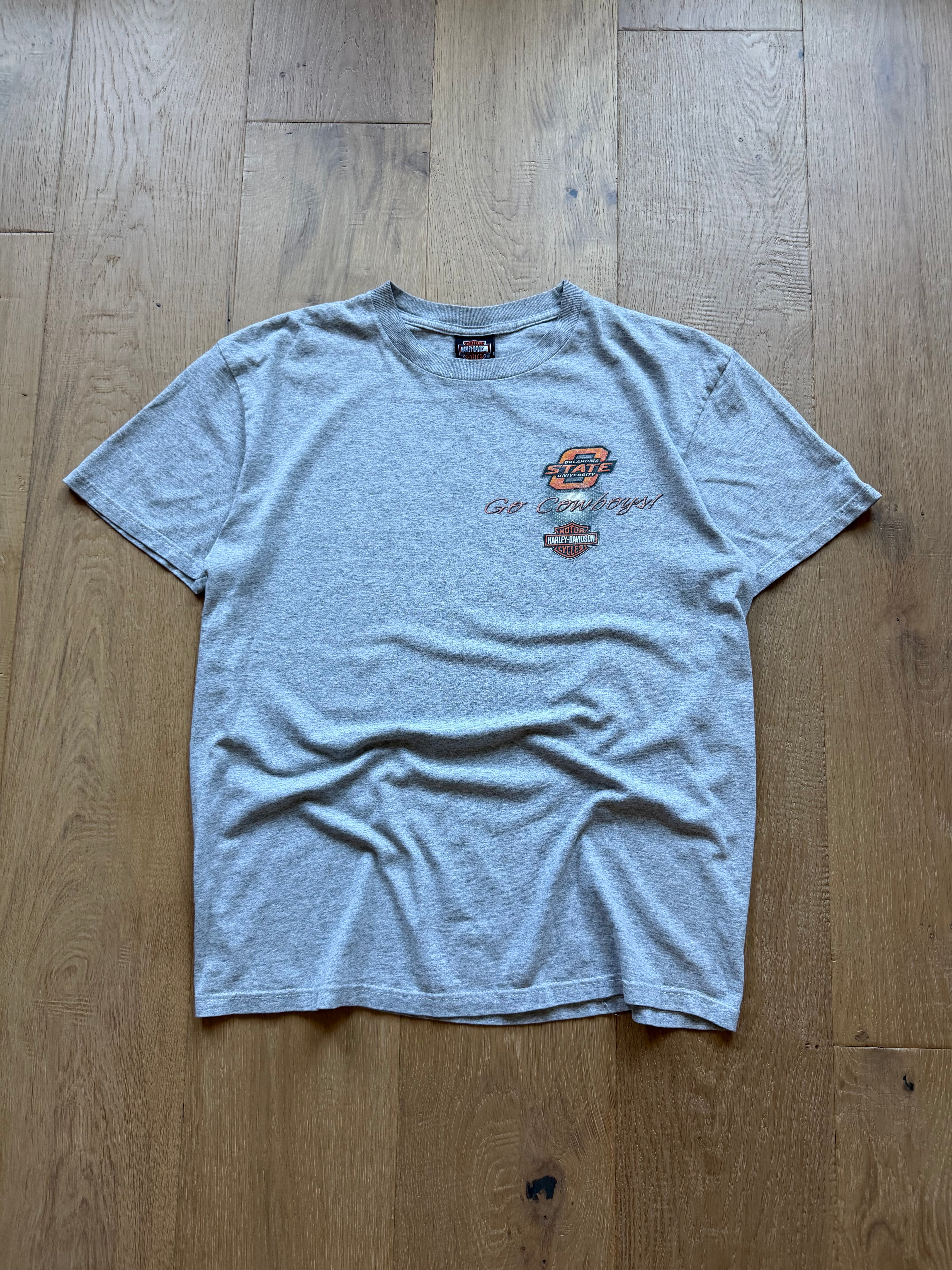 Grey 00s OSU x Harley Davidson Pistol Pete Biker T-Shirt Large