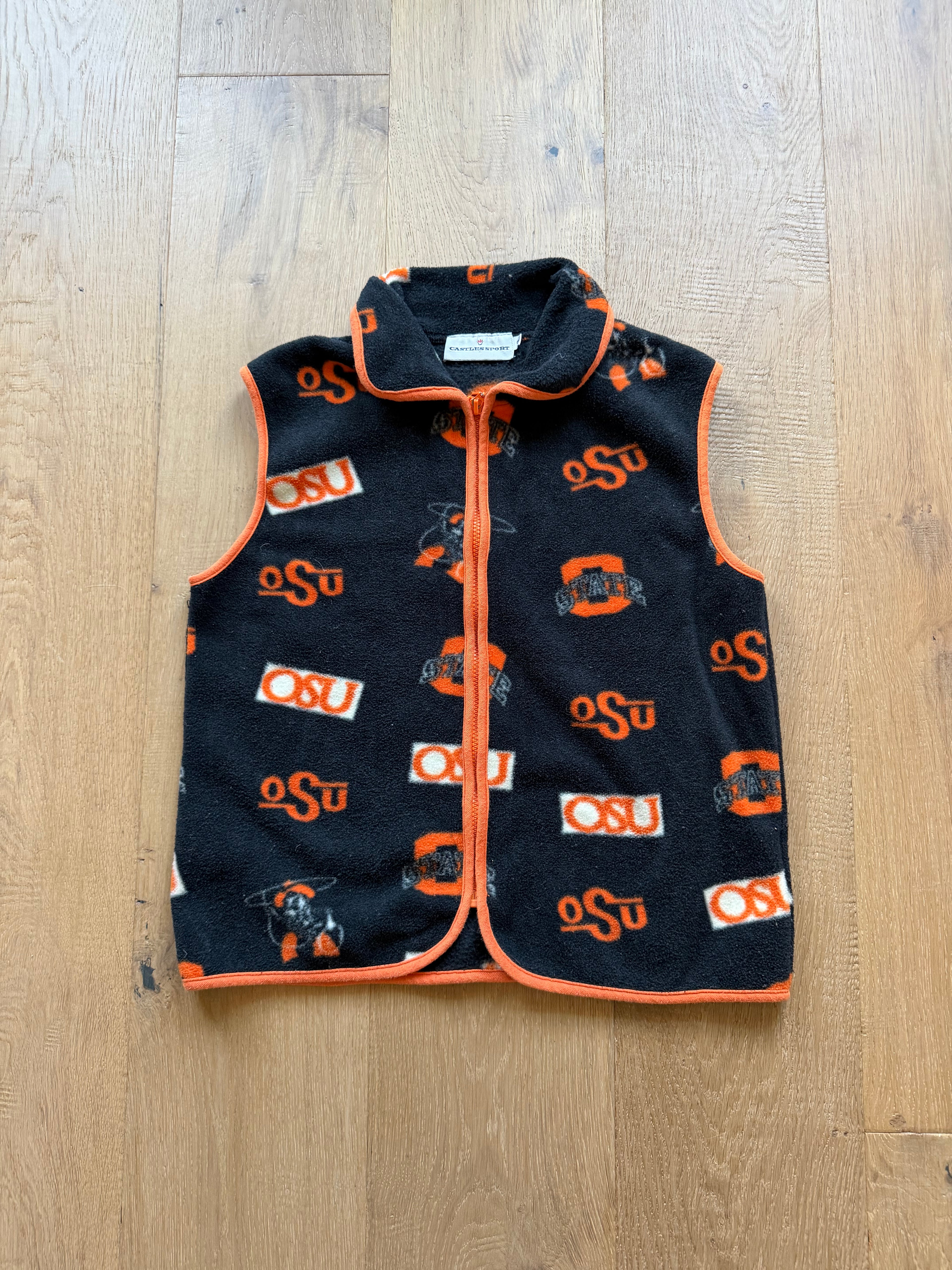 Black 00s Patterned OSU Logos Fleece Zip Up Vest Small