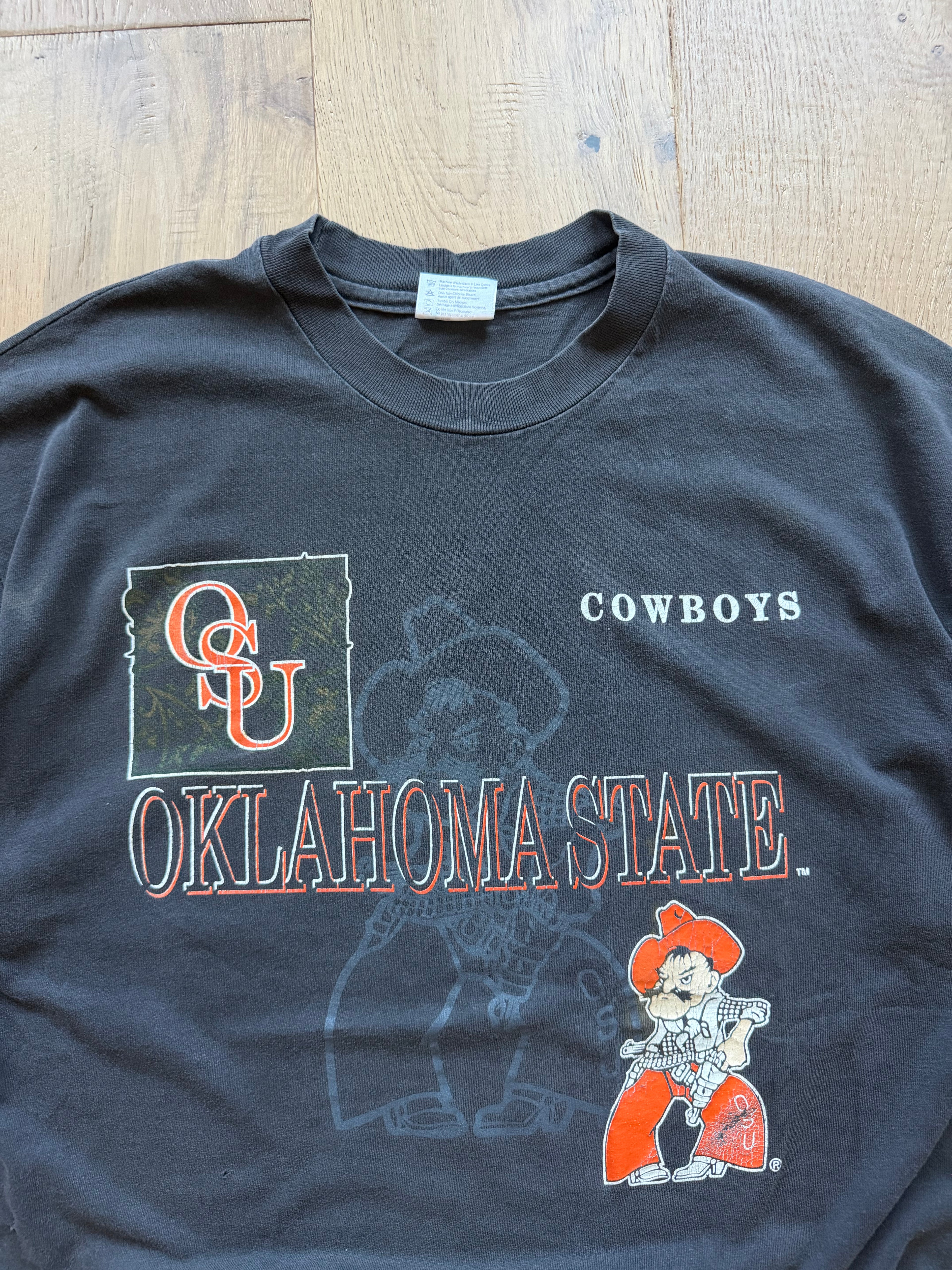 Black 90s Oklahoma State Pistol Pete Shadow Ornate T-Shirt XXL