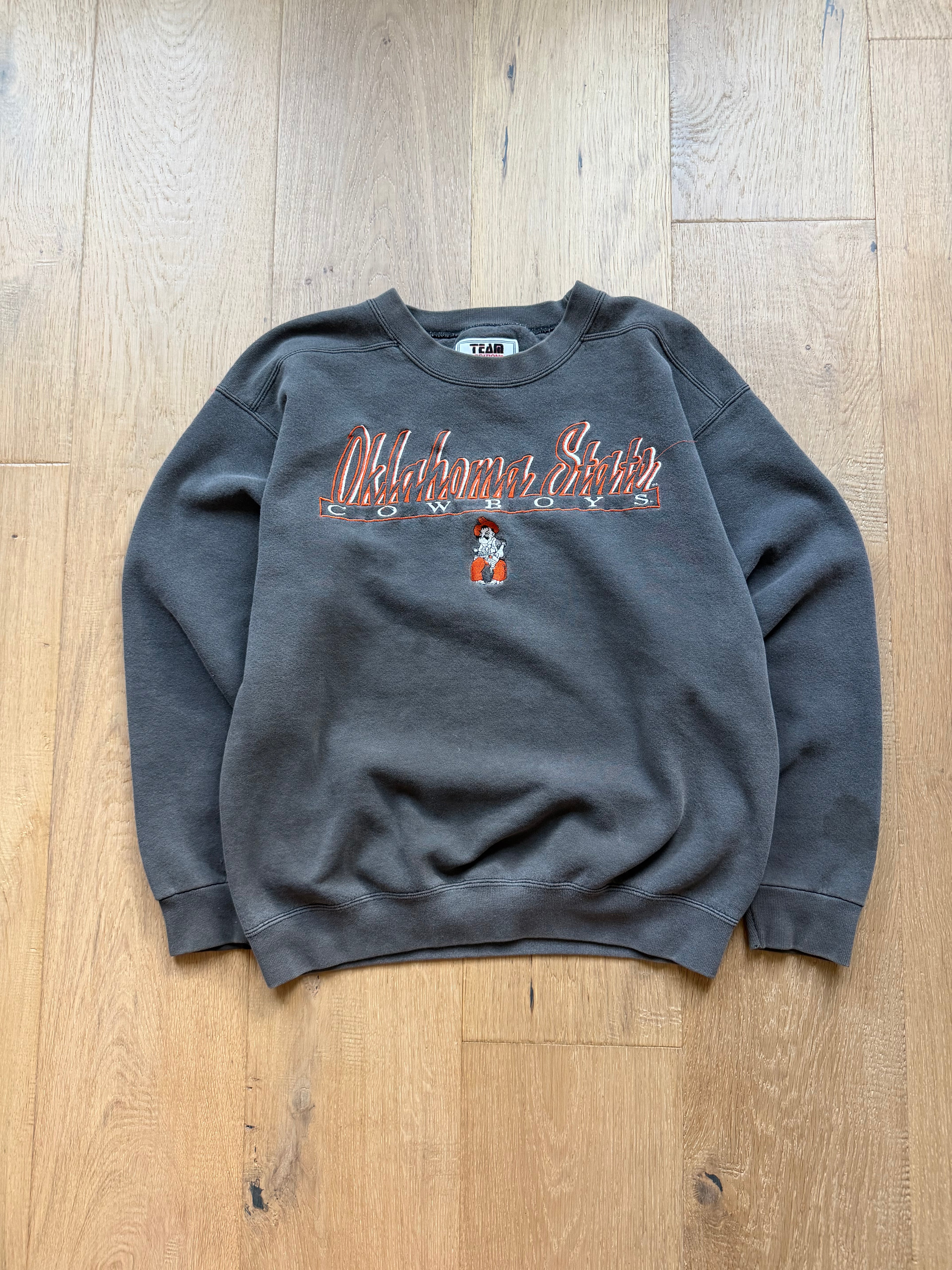 Faded Black TEAM “Oklahoma State” Script Embroidered Pete Crewneck Sweatshirt Medium