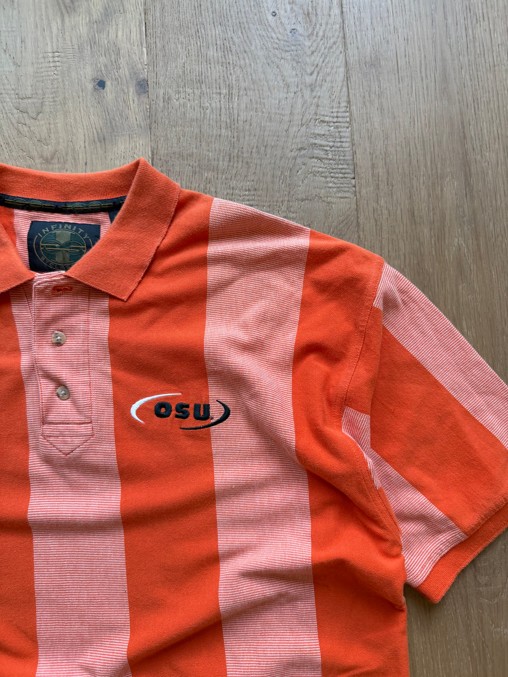 Orange 00s Infiniti OSU Embroidered Vertical Striped Polo Shirt XXL