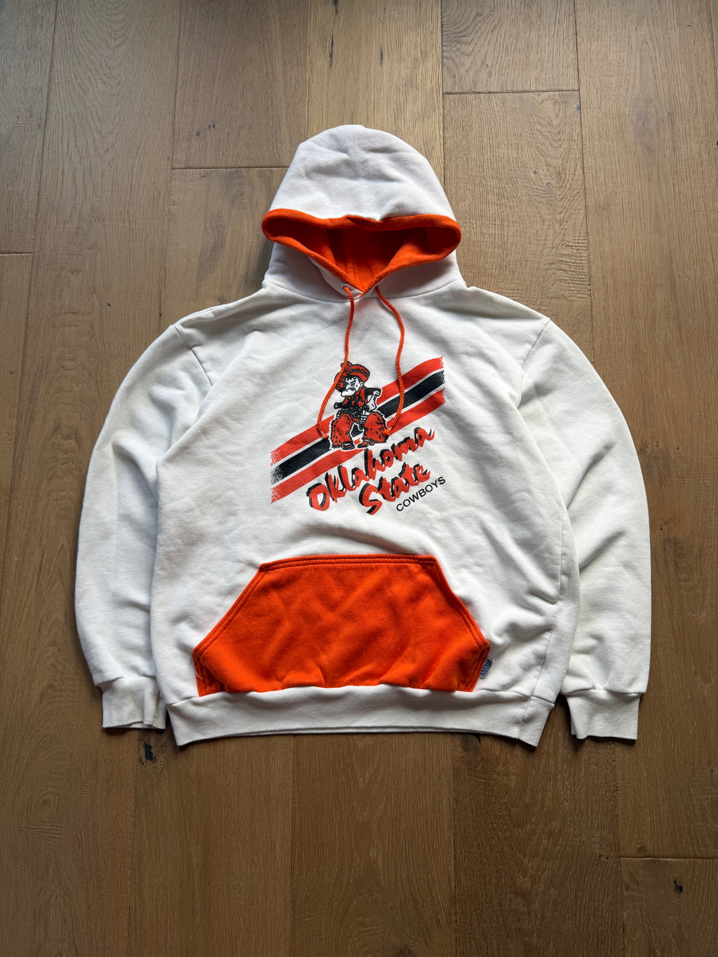 White 80s Orange Pocket Retro Pete Lined Hoodie Medium