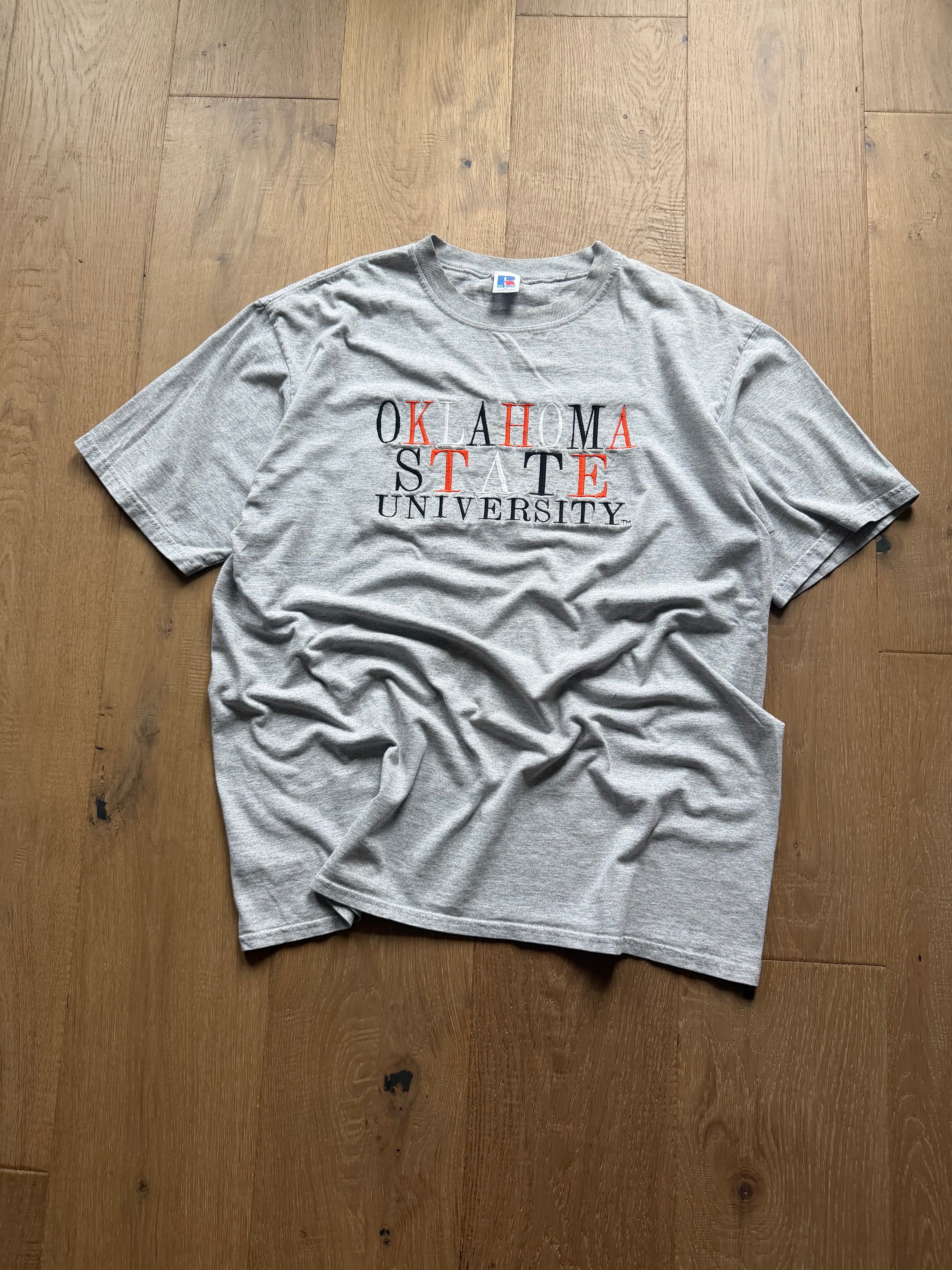 Grey 90s Russell Athletic OSU Multicolored Embroidery T-Shirt XL