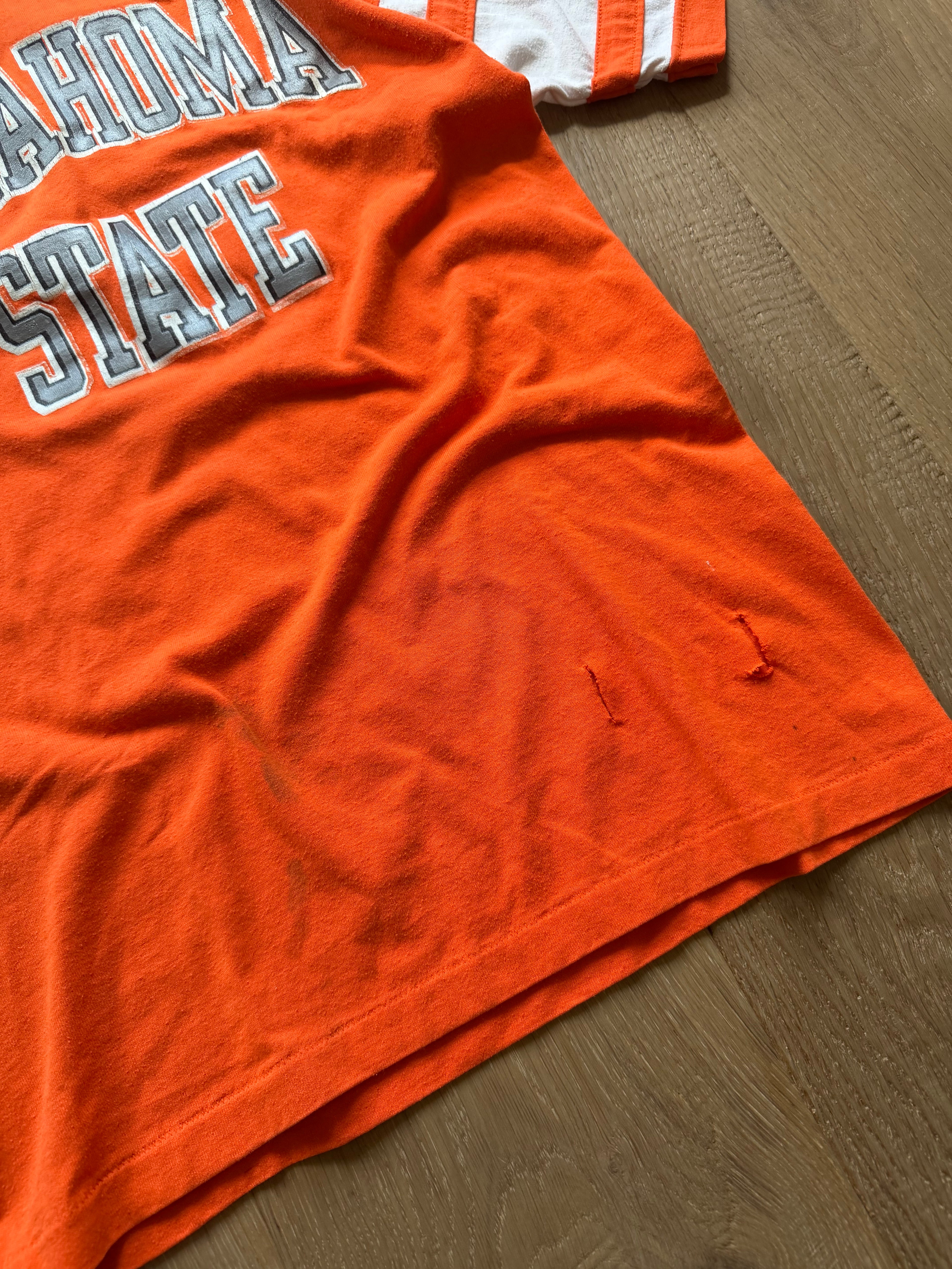 Orange 70s Champion Oklahoma State Striped Sleeve T-Shirt Small