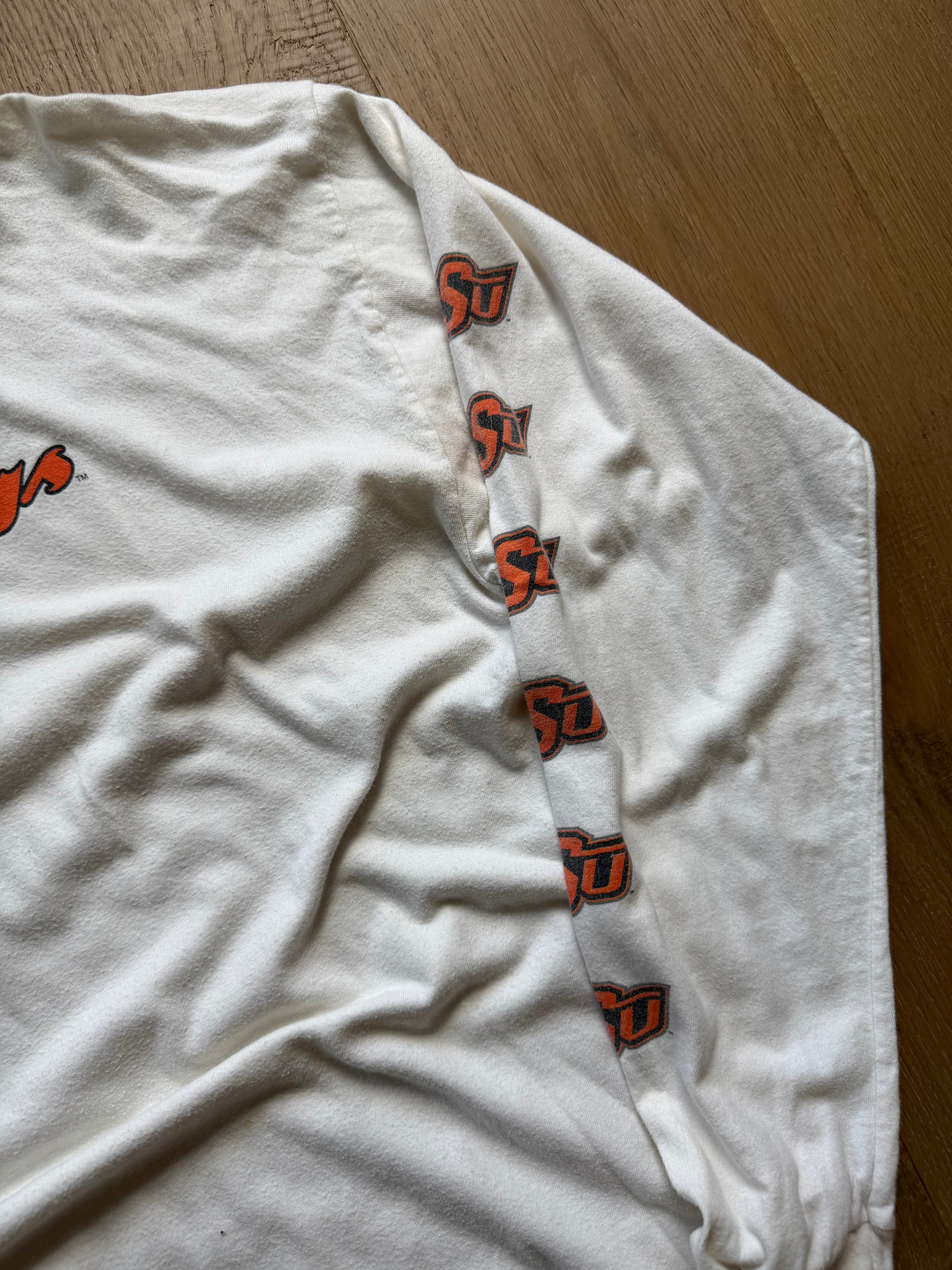 White 00s OSU Cowboys Flame Logo Sleeve Hit Long Sleeve XL