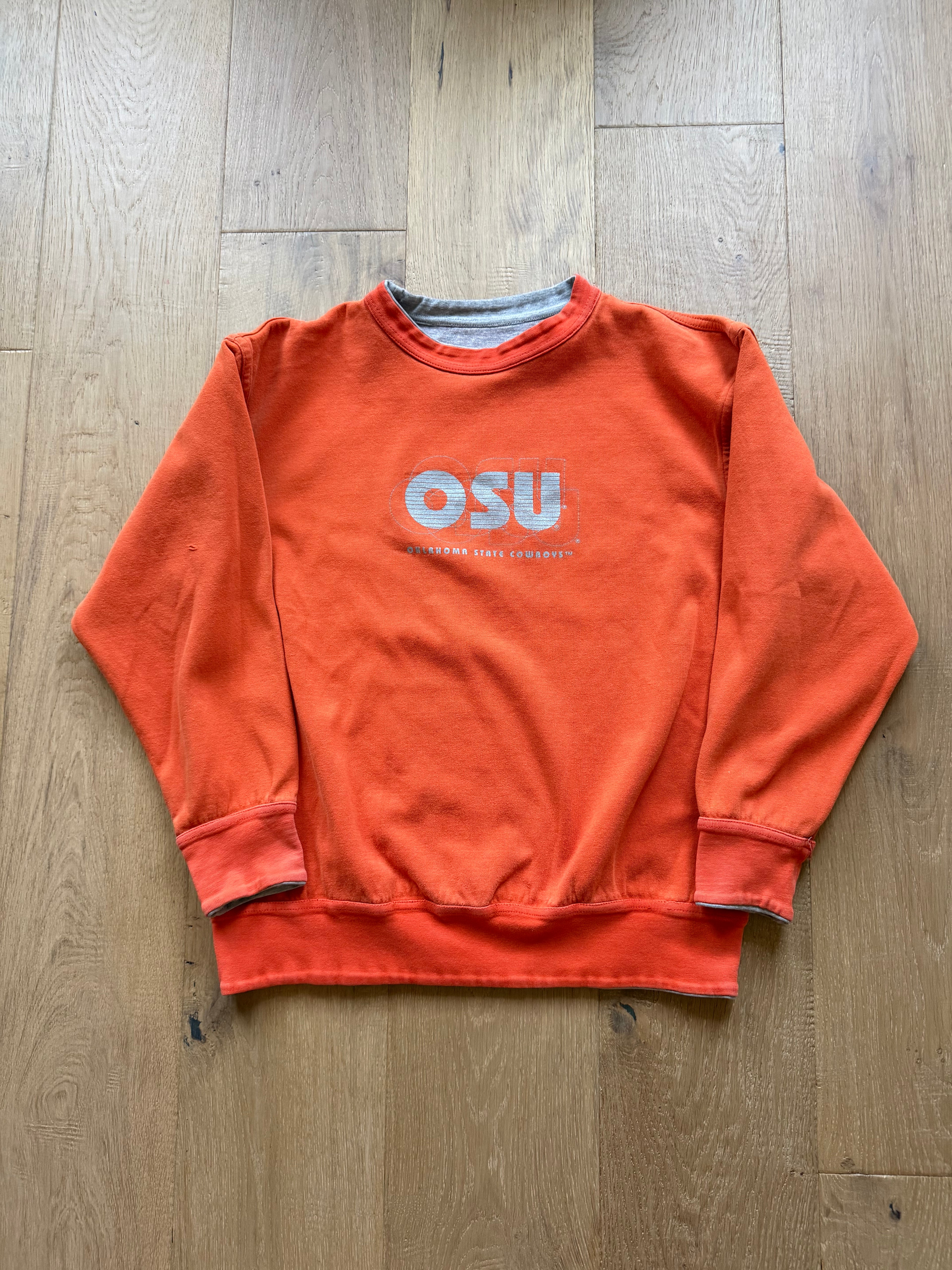 Grey and Orange Reversible 90s MV Sport OSU Layered Outline Crewneck Sweatshirt Large