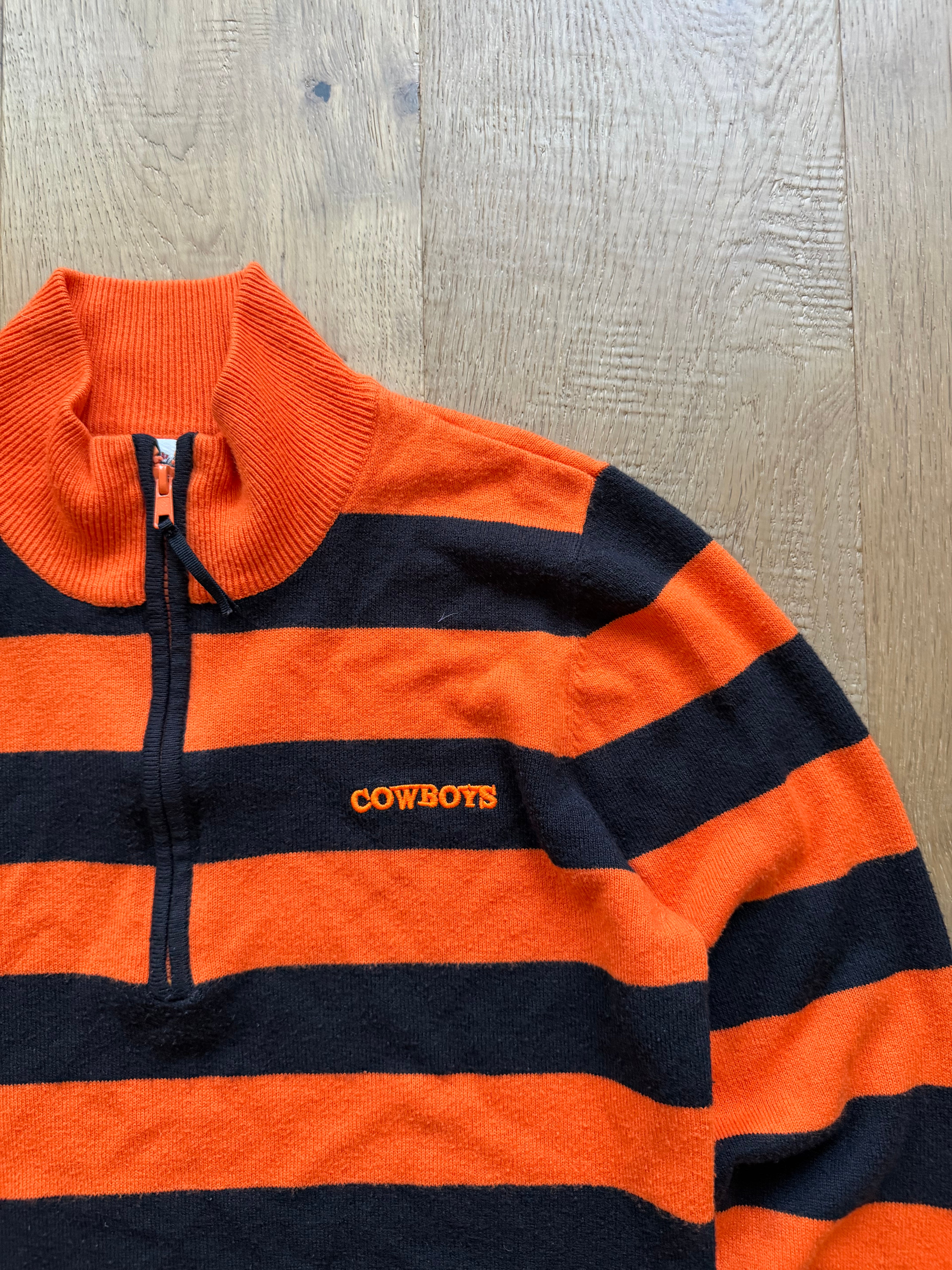 Black + Orange Striped Castles Sport “Cowboys” Embroidered Quarter Zip Sweater XL
